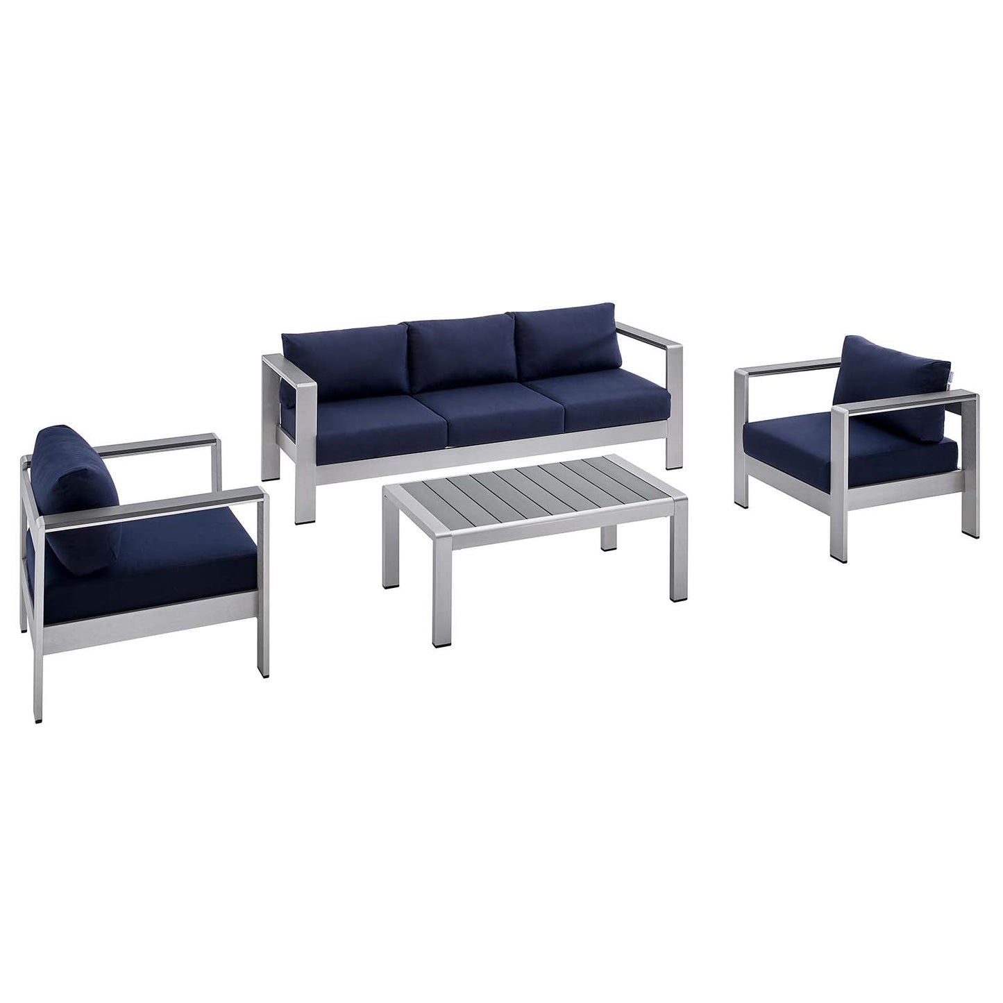 Shore Sunbrella® Fabric Outdoor Patio Aluminum 4 Piece Set Silver Navy EEI-4316-SLV-NAV-SET