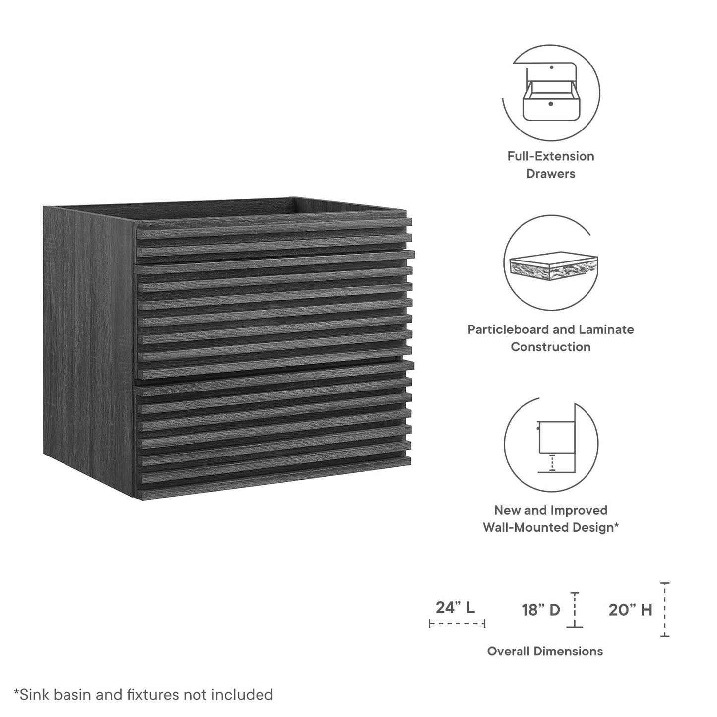 Render 24" Wall-Mount Bathroom Vanity Cabinet (Sink Basin Not Included) Charcoal EEI-4338-CHA