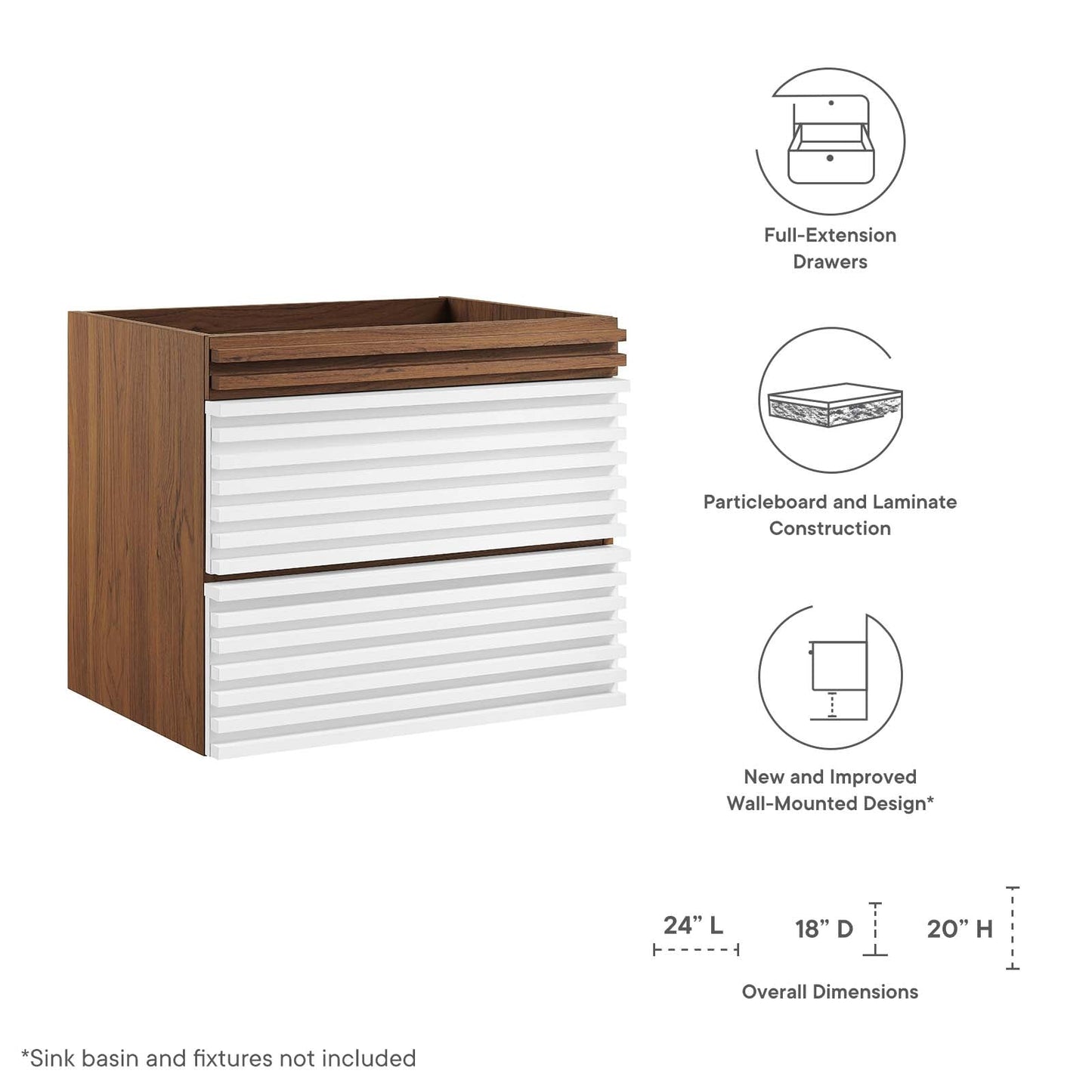 Render 24" Wall-Mount Bathroom Vanity Cabinet (Sink Basin Not Included) White Walnut EEI-4338-WHI-WAL