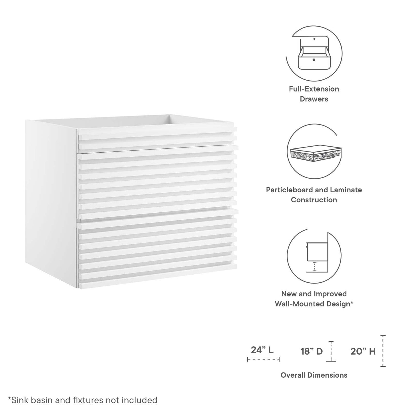 Render 24" Wall-Mount Bathroom Vanity Cabinet (Sink Basin Not Included) White EEI-4338-WHI