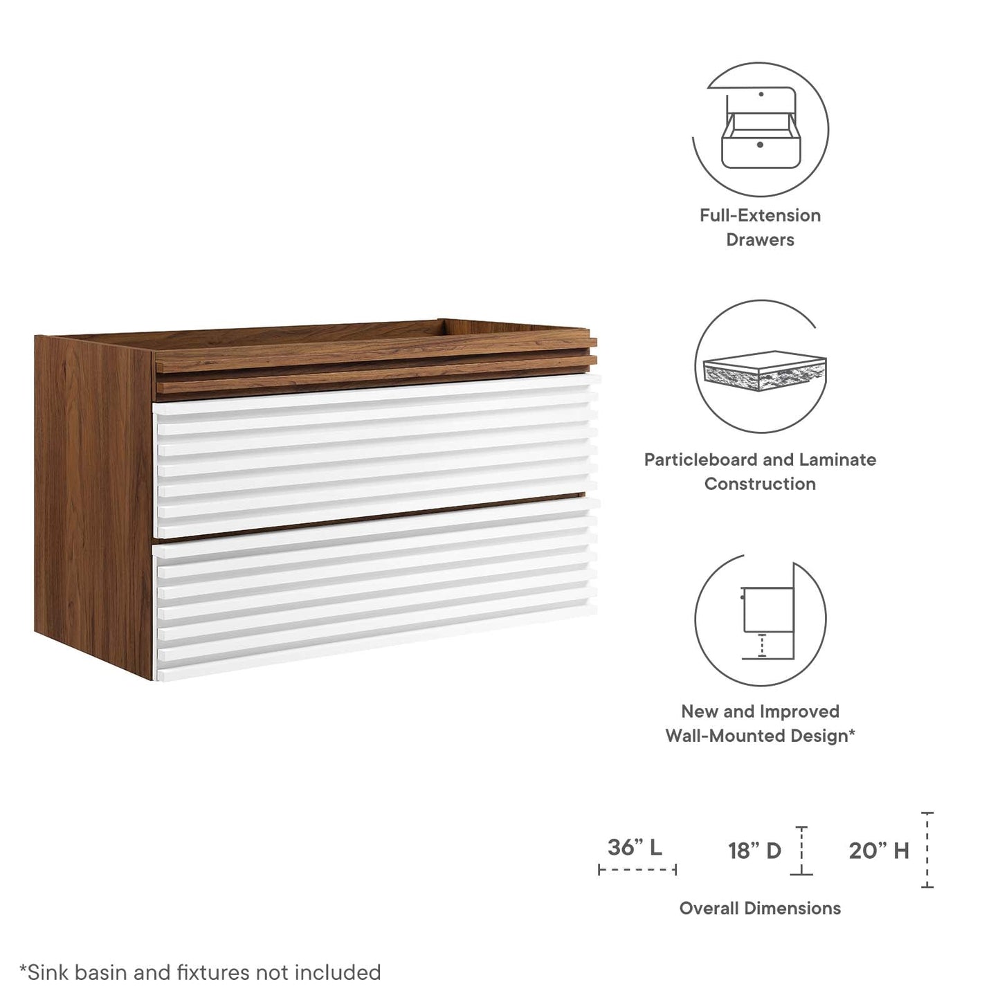 Render 36" Wall-Mount Bathroom Vanity Cabinet (Sink Basin Not Included) White Walnut EEI-4339-WHI-WAL