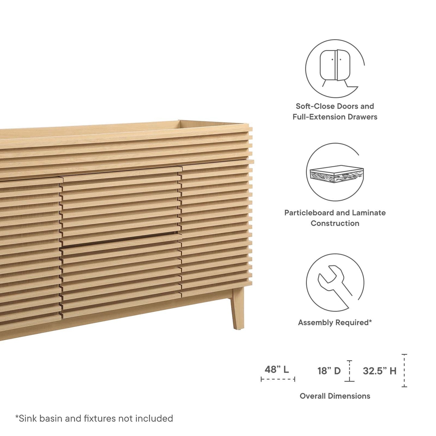 Render 48" Single Sink Compatible (not included) Bathroom Vanity Cabinet Oak EEI-4341-OAK