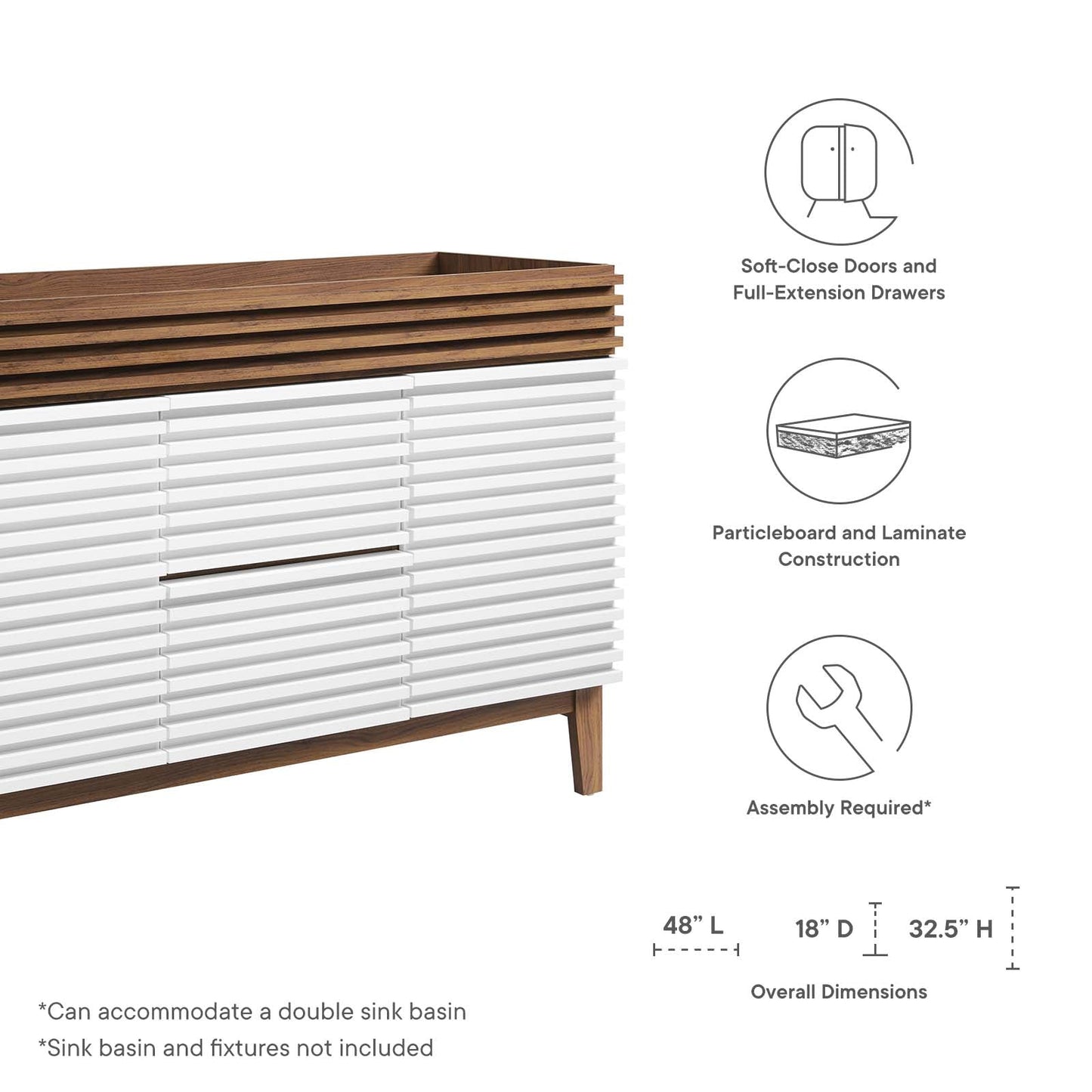 Render 48" Double Sink Compatible (Not Included) Bathroom Vanity Cabinet White Walnut EEI-4342-WHI-WAL