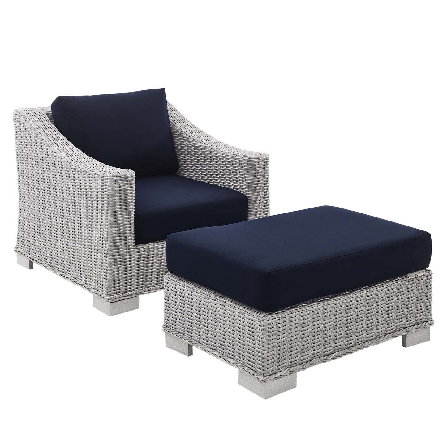 Conway Sunbrella® Outdoor Patio Wicker Rattan 2-Piece Armchair and Ottoman Set Light Gray Navy EEI-4354-LGR-NAV