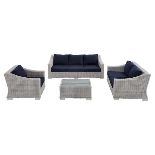 Conway Sunbrella® Outdoor Patio Wicker Rattan 4-Piece Furniture Set Light Gray Navy EEI-4355-LGR-NAV