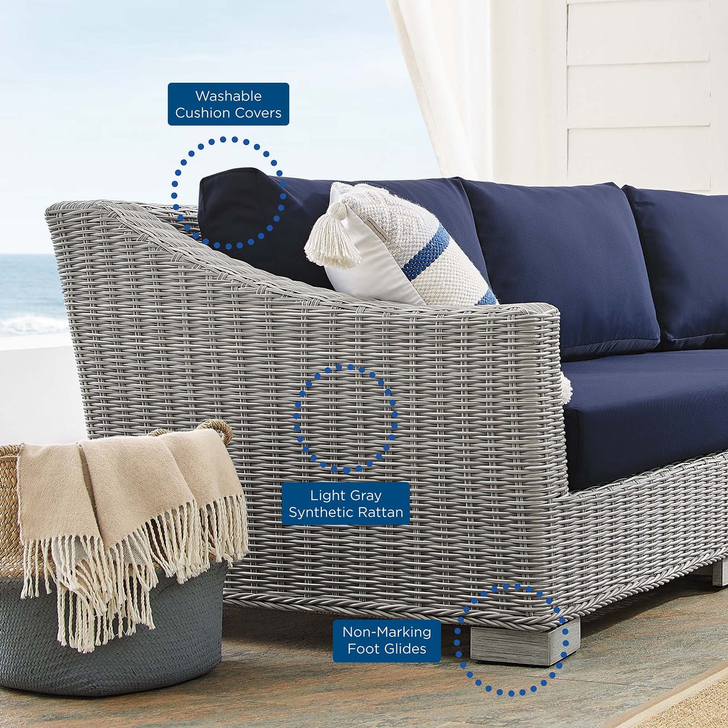 Conway Sunbrella® Outdoor Patio Wicker Rattan 4-Piece Furniture Set Light Gray Navy EEI-4355-LGR-NAV