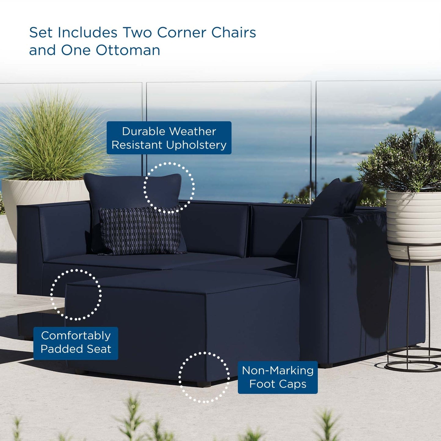 Saybrook Outdoor Patio Upholstered Loveseat and Ottoman Set Navy EEI-4378-NAV