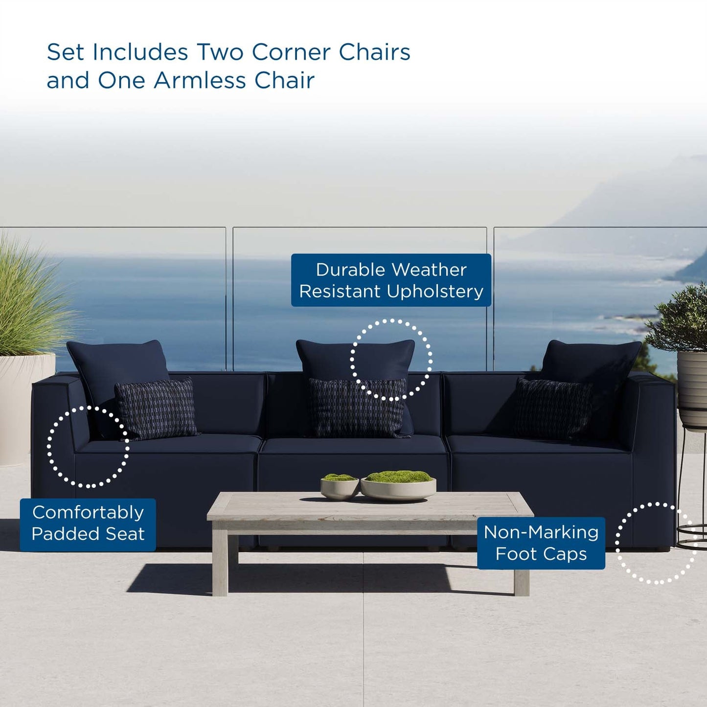 Saybrook Outdoor Patio Upholstered 3-Piece Sectional Sofa Navy EEI-4379-NAV