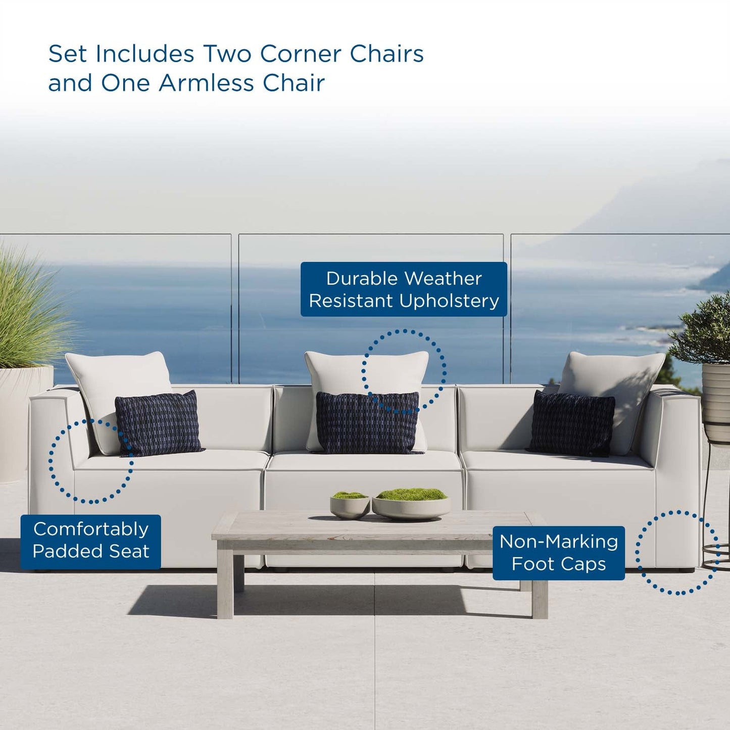 Saybrook Outdoor Patio Upholstered 3-Piece Sectional Sofa White EEI-4379-WHI