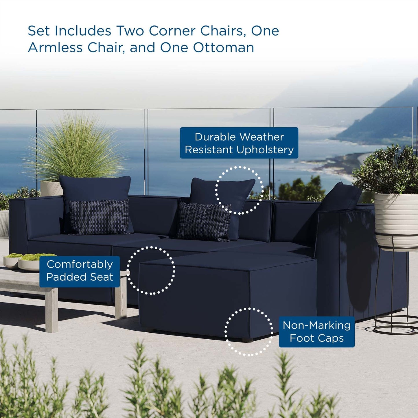 Saybrook Outdoor Patio Upholstered 4-Piece Sectional Sofa Navy EEI-4380-NAV