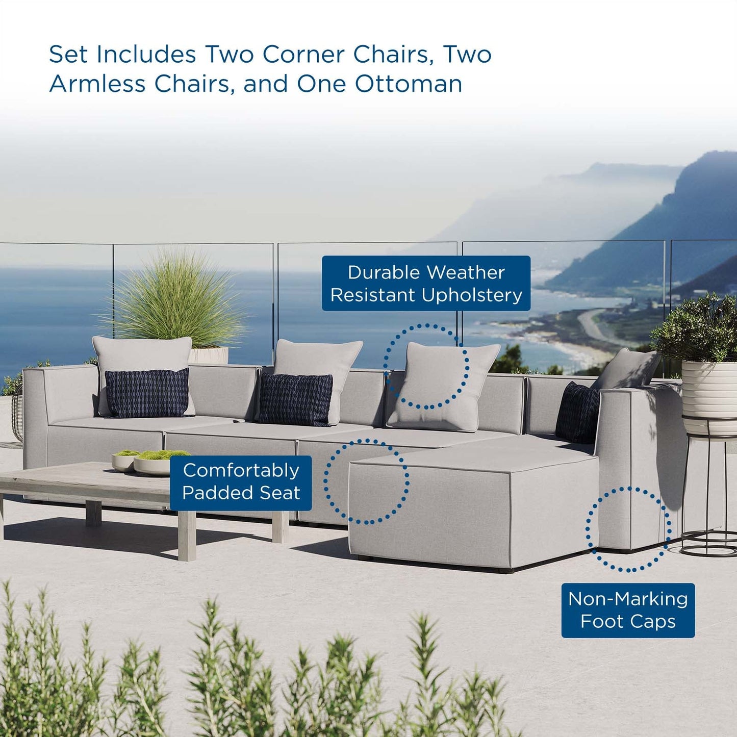 Saybrook Outdoor Patio Upholstered 5-Piece Sectional Sofa Gray EEI-4382-GRY