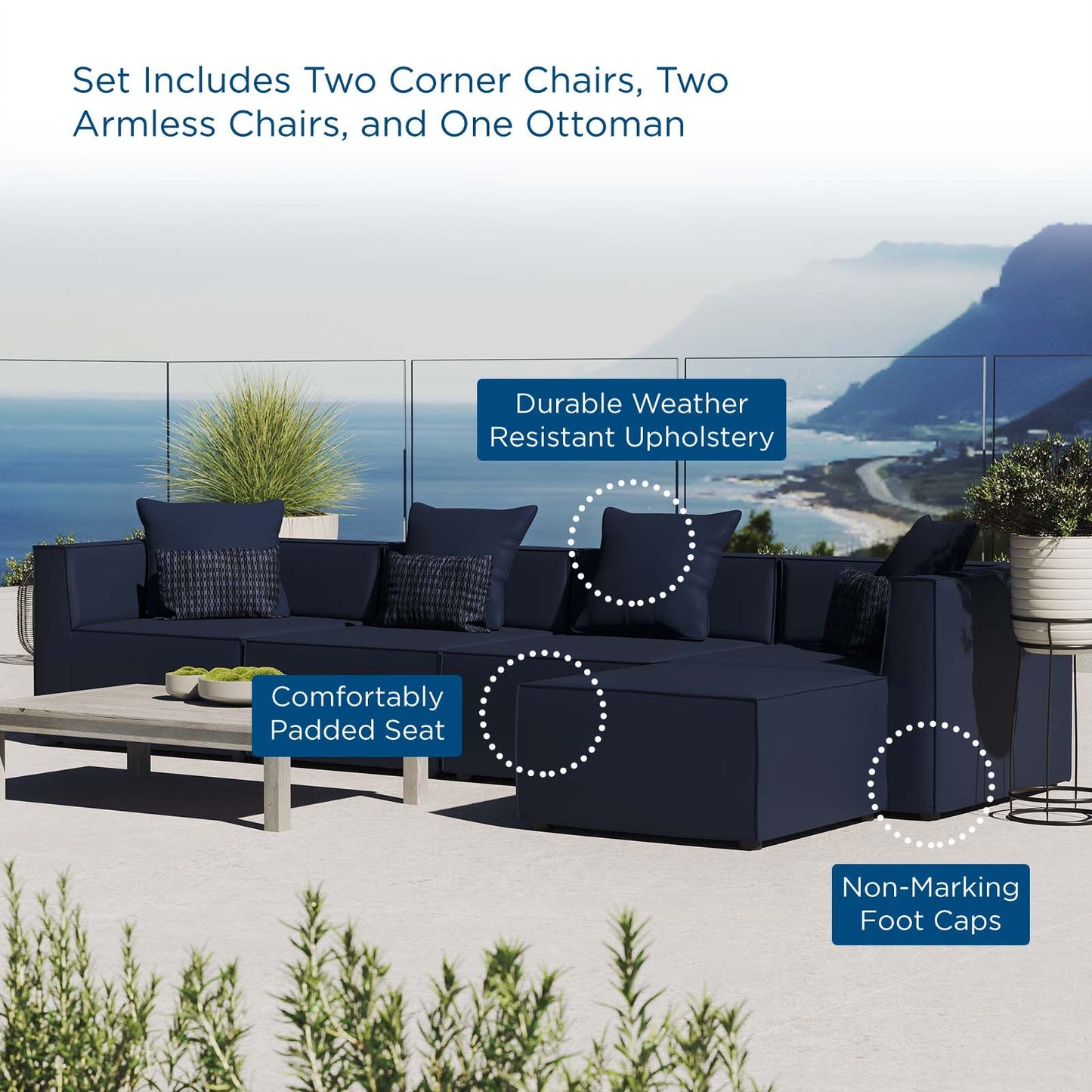 Saybrook Outdoor Patio Upholstered 5-Piece Sectional Sofa Navy EEI-4382-NAV