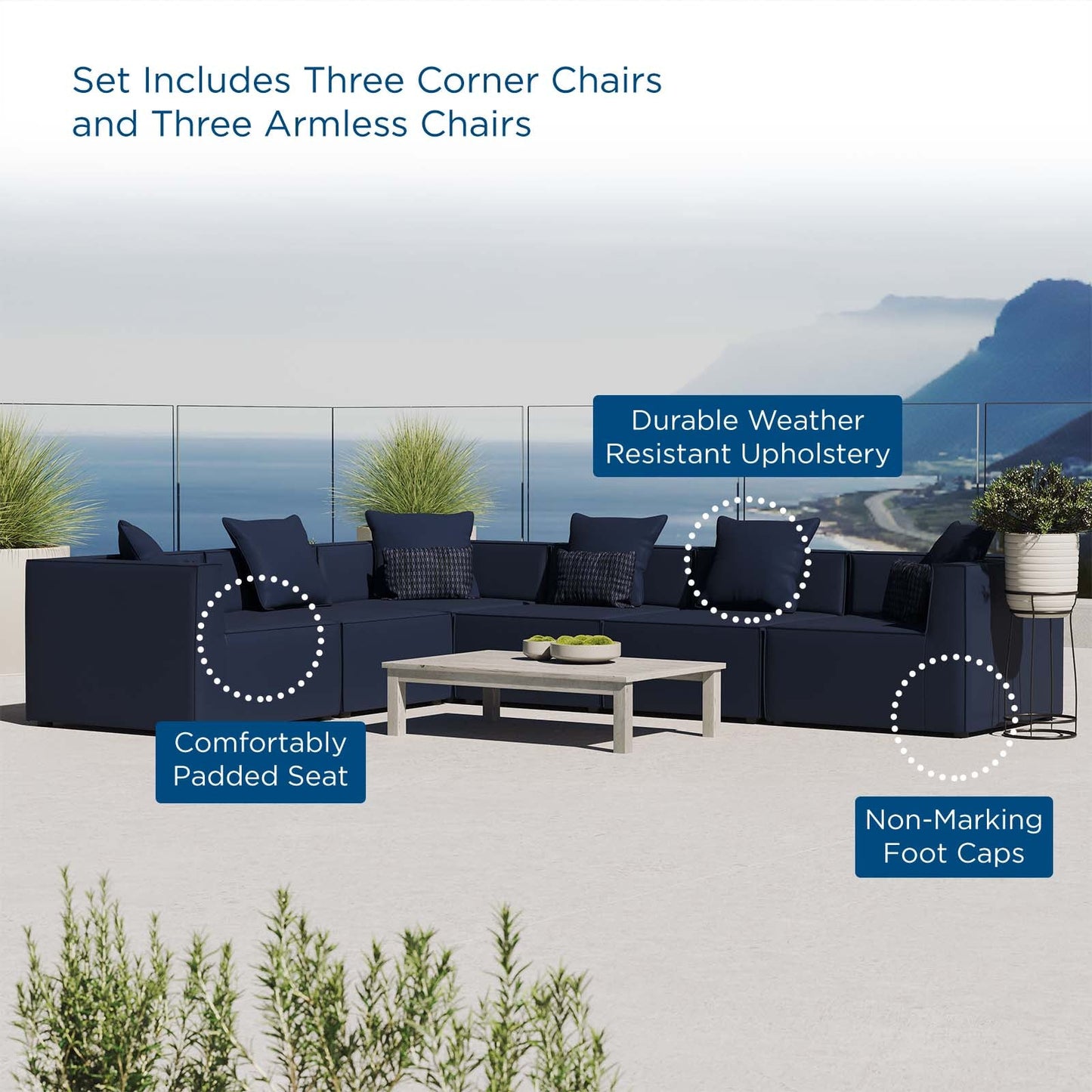 Saybrook Outdoor Patio Upholstered 6-Piece Sectional Sofa Navy EEI-4385-NAV