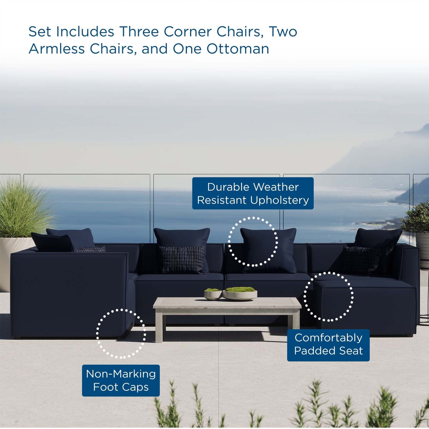 Saybrook Outdoor Patio Upholstered 6-Piece Sectional Sofa Navy EEI-4386-NAV