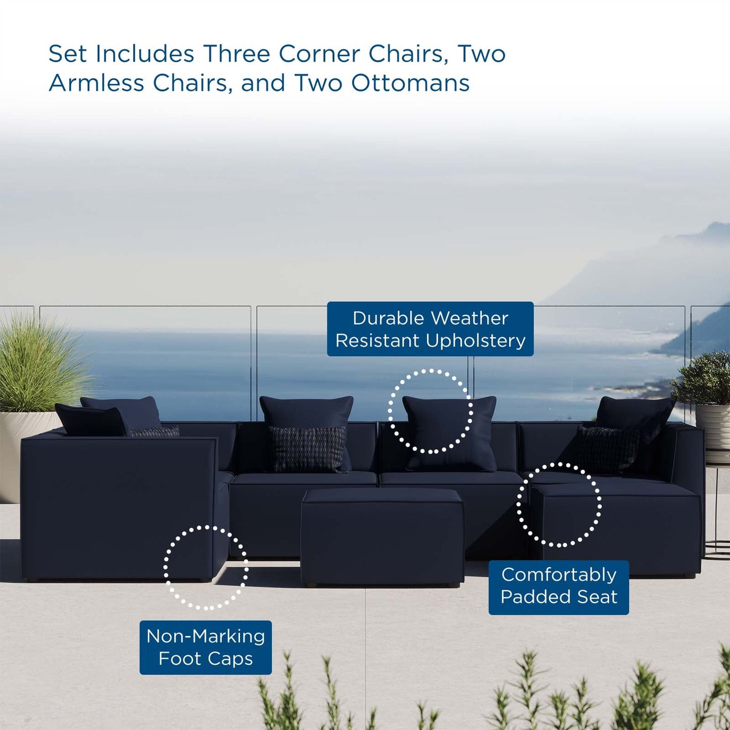 Saybrook Outdoor Patio Upholstered 7-Piece Sectional Sofa Navy EEI-4387-NAV