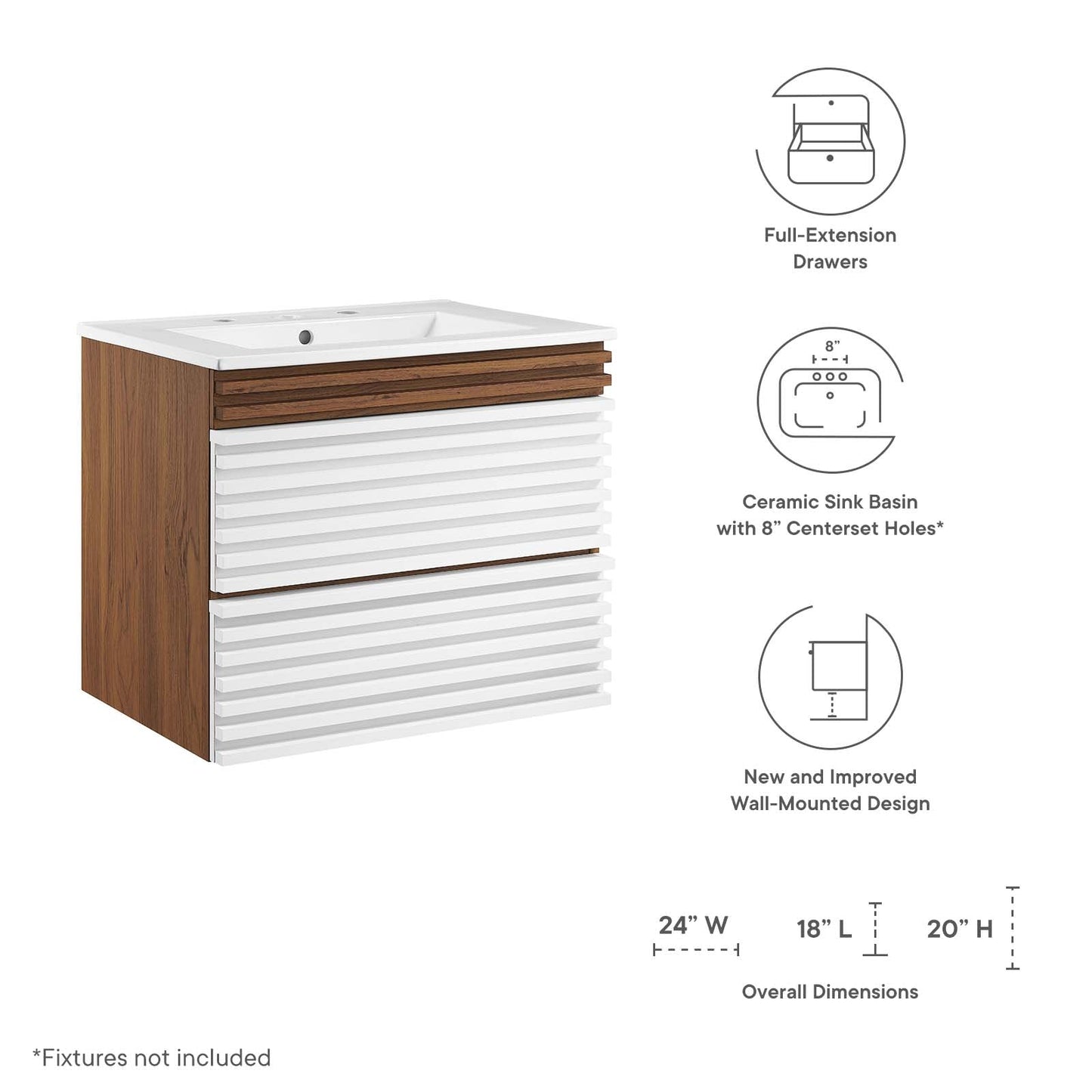 Render 24" Wall-Mount Bathroom Vanity White Walnut White EEI-4433-WHI-WAL-WHI