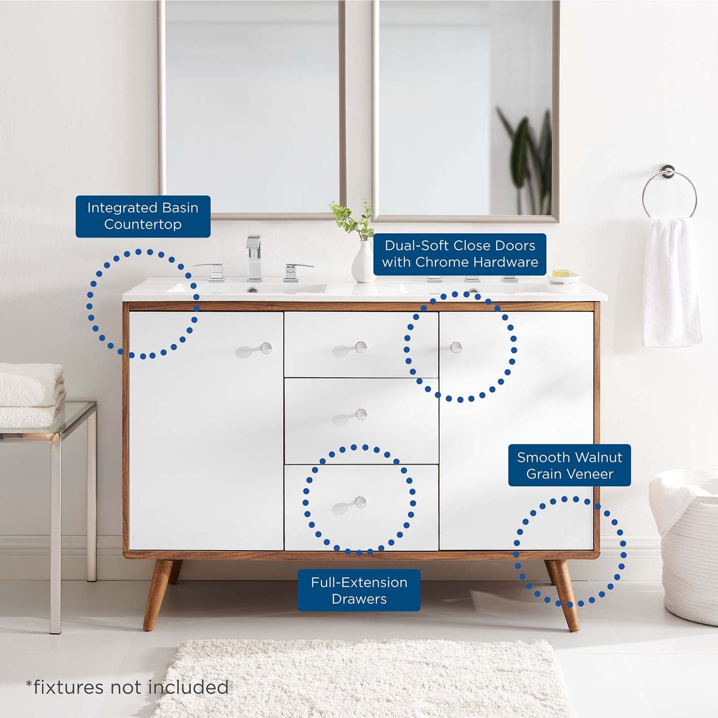 Transmit 48" Double Sink Bathroom Vanity Walnut White EEI-4440-WAL-WHI