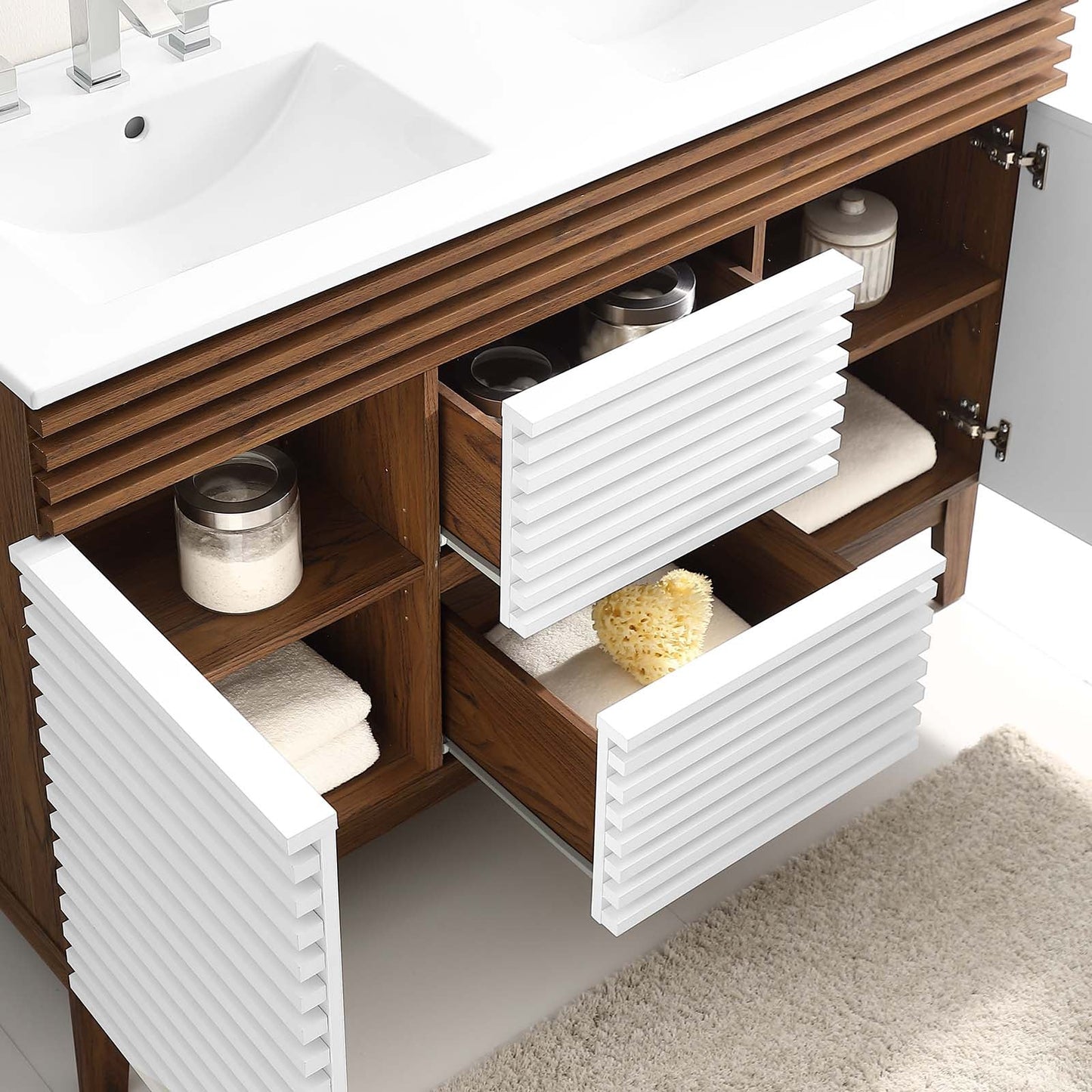 Render 48" Double Sink Bathroom Vanity White Walnut White EEI-4441-WHI-WAL-WHI