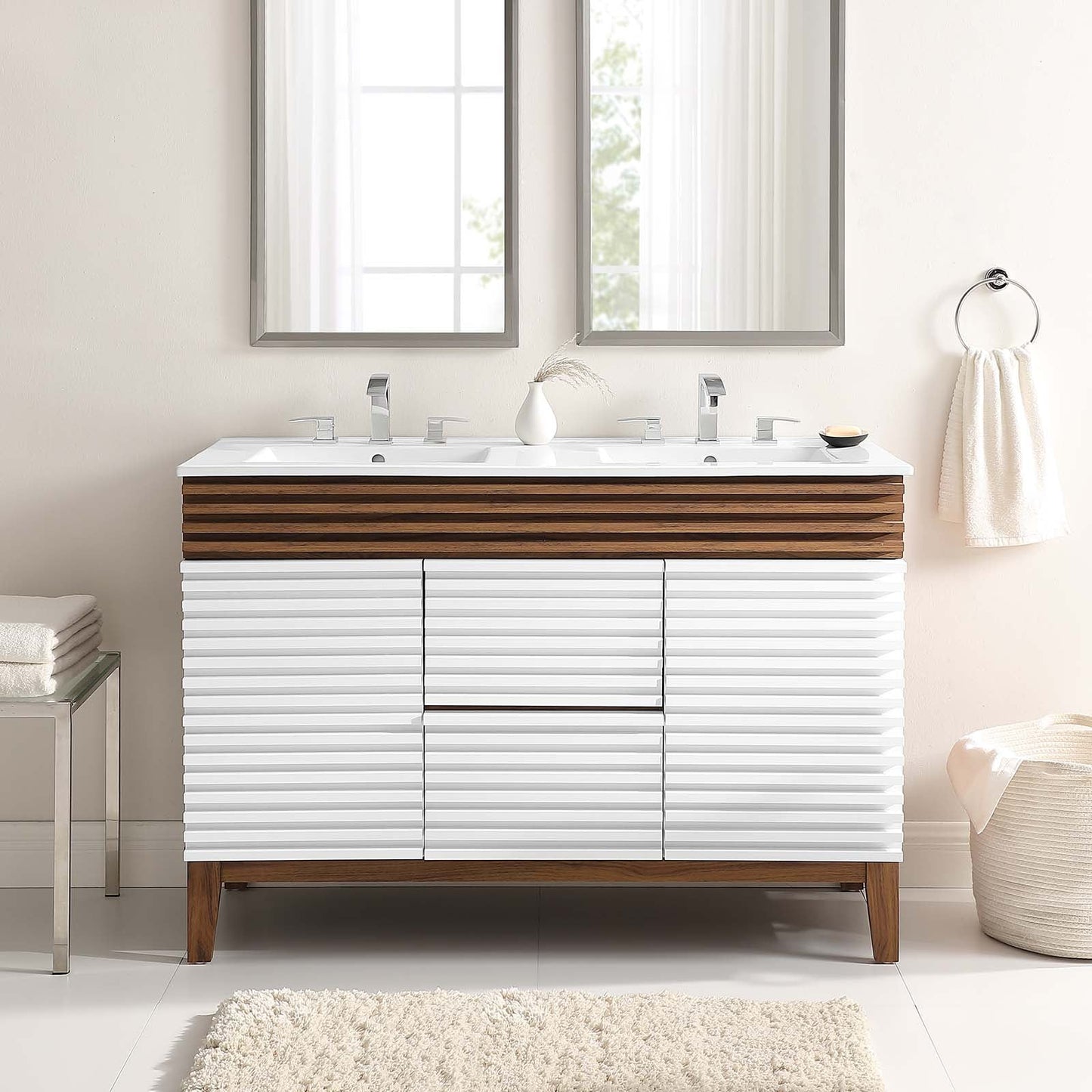 Render 48" Double Sink Bathroom Vanity White Walnut White EEI-4441-WHI-WAL-WHI