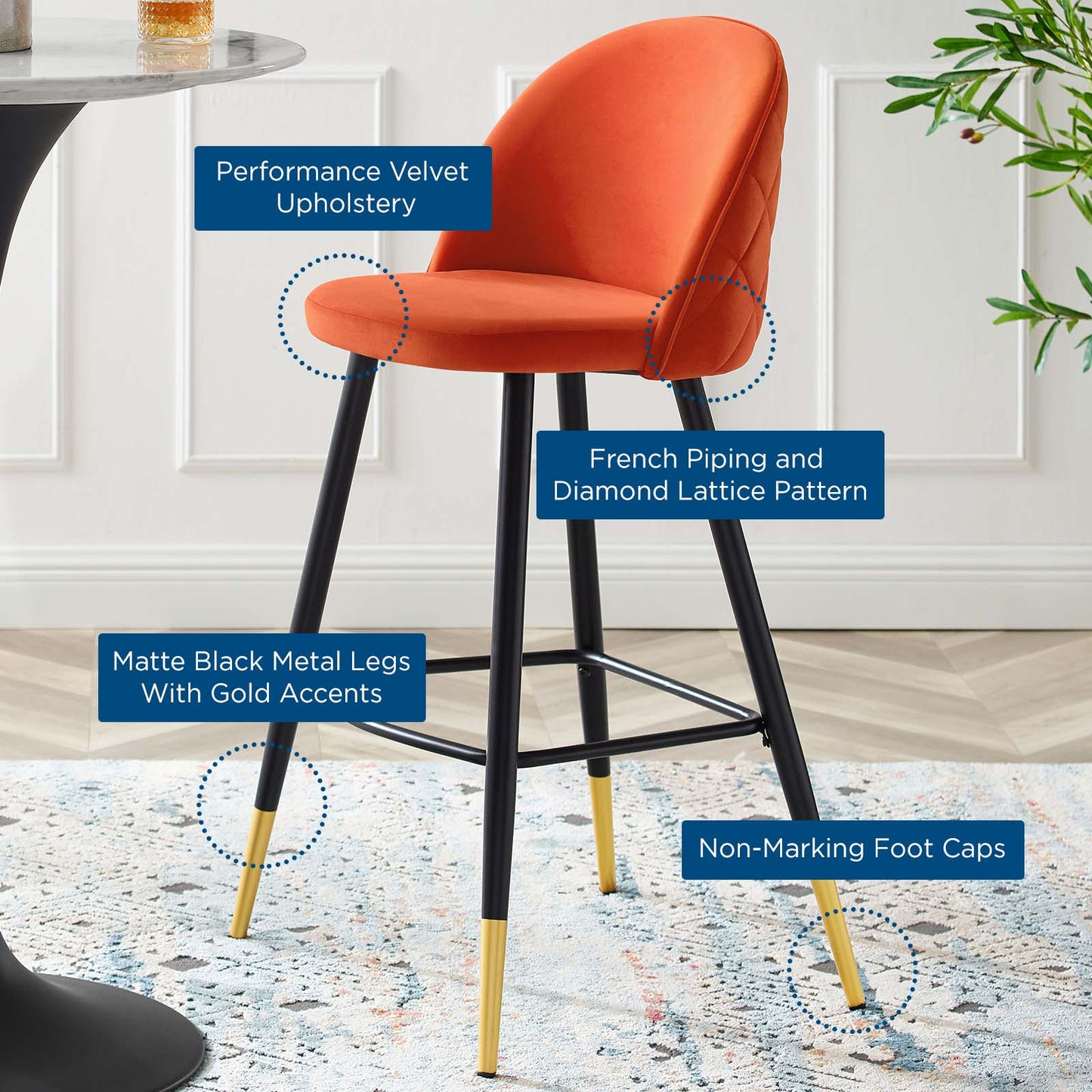 Cordial Performance Velvet Bar Stools - Set of 2 Orange EEI-4527-ORA