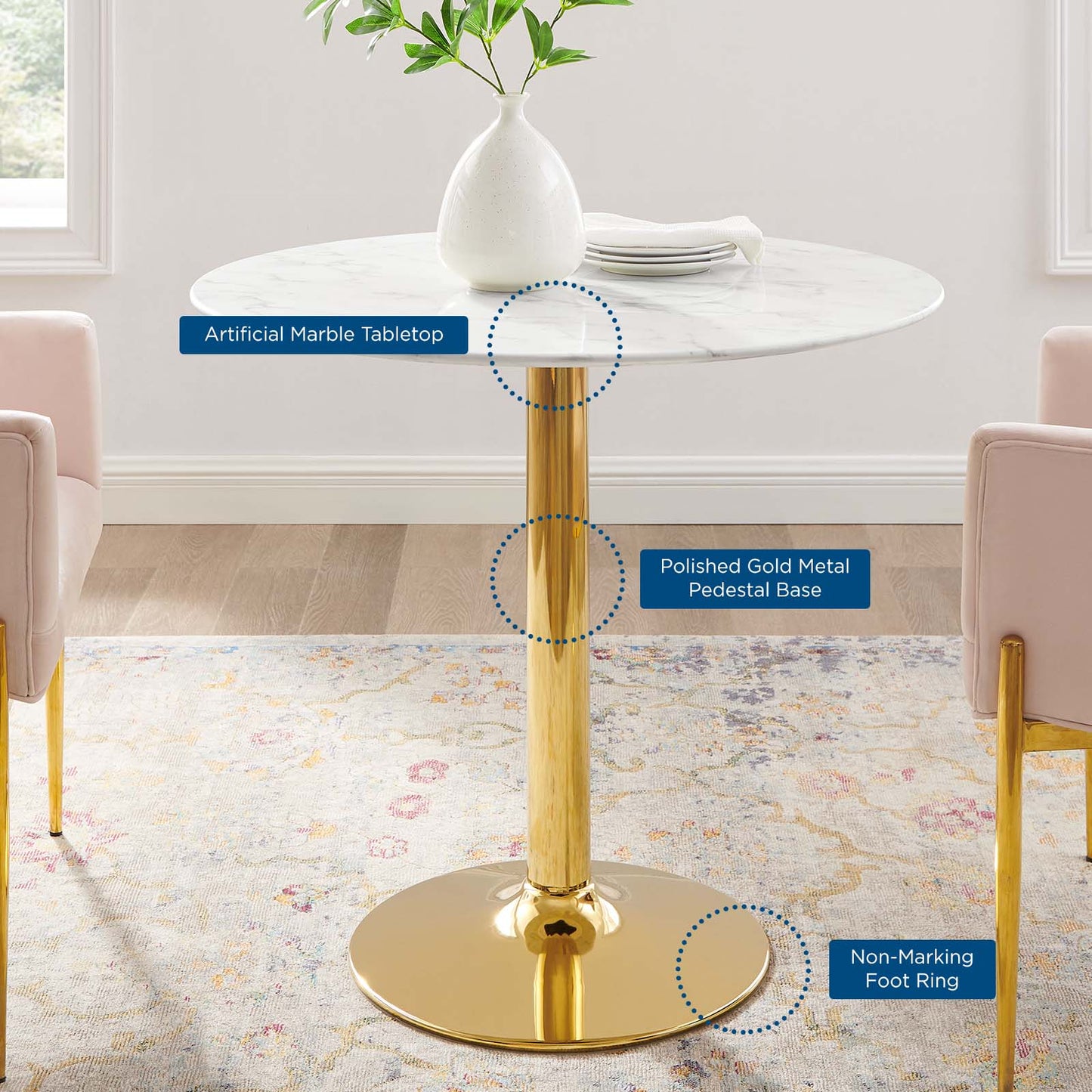 Verne 35" Artificial Marble Dining Table Gold White EEI-4549-GLD-WHI