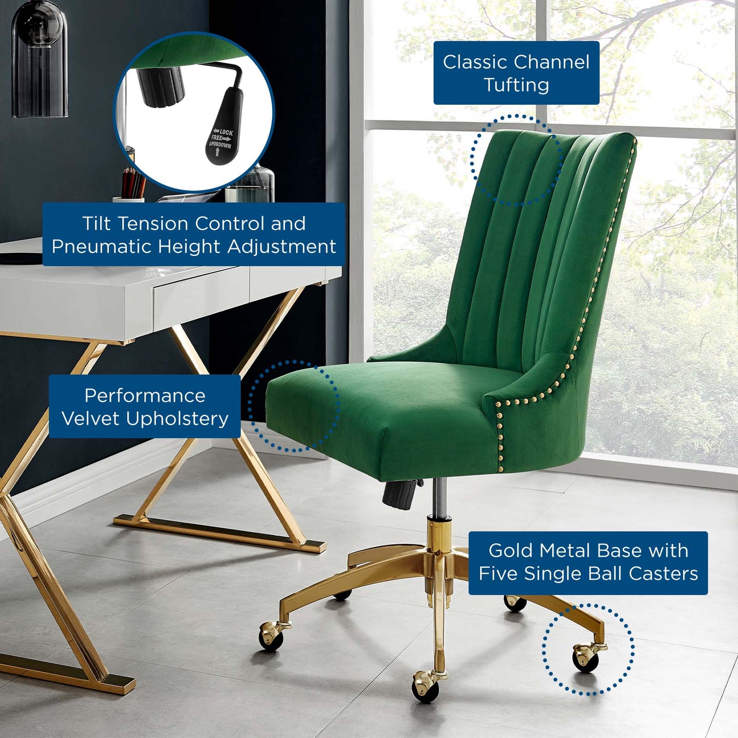 Empower Channel Tufted Performance Velvet Office Chair Gold Emerald EEI-4575-GLD-EME