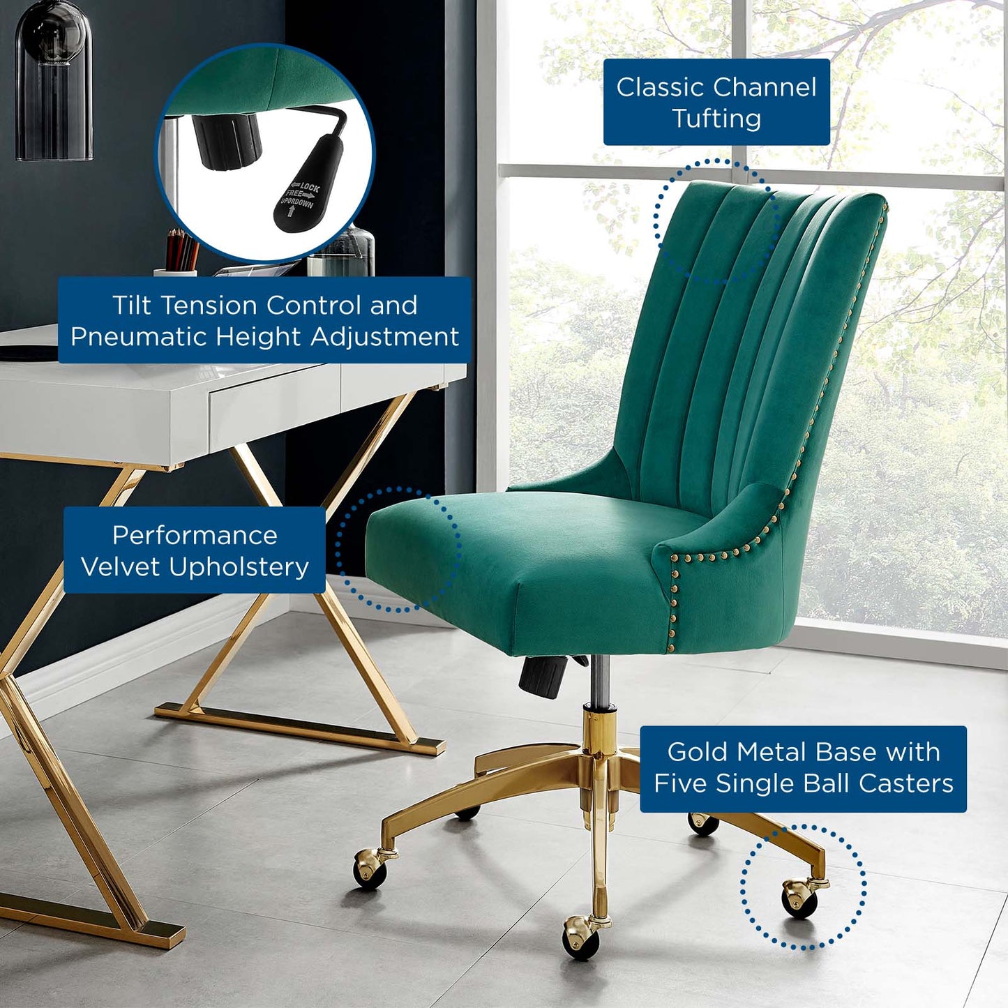 Empower Channel Tufted Performance Velvet Office Chair Gold Teal EEI-4575-GLD-TEA