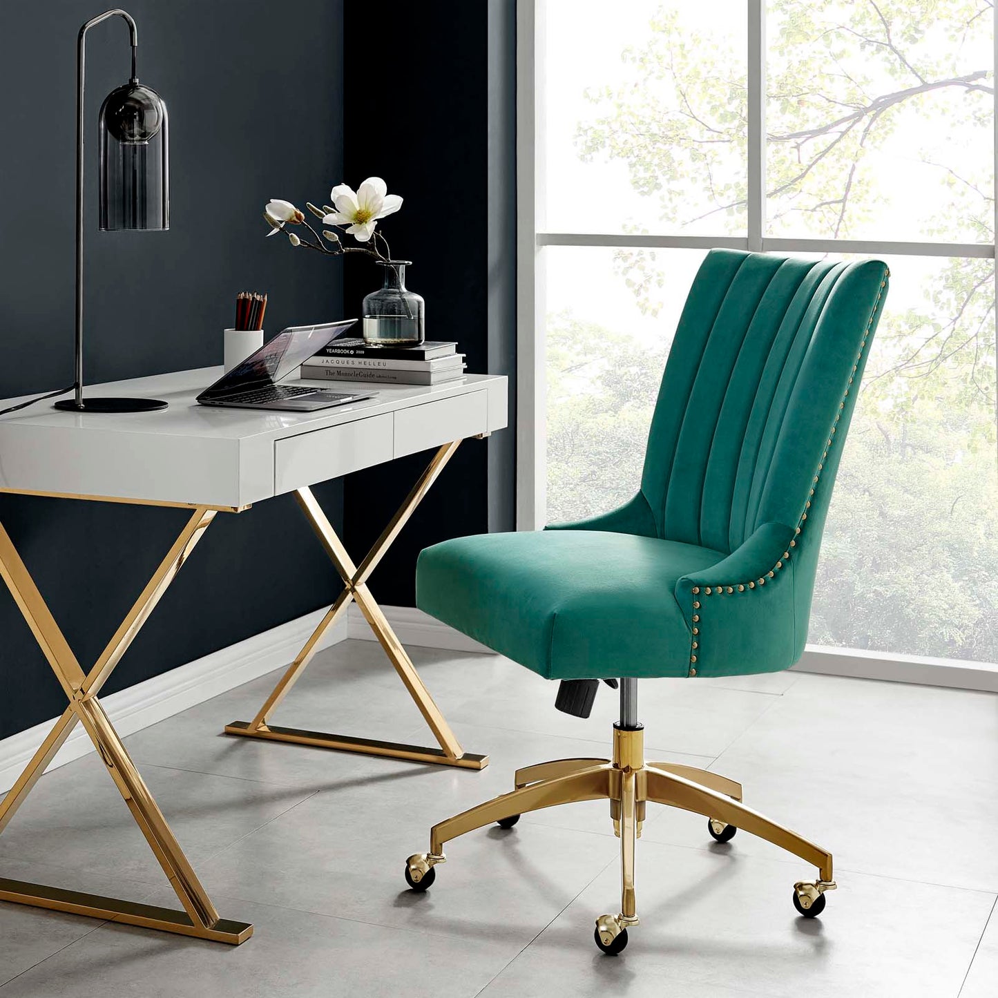 Empower Channel Tufted Performance Velvet Office Chair Gold Teal EEI-4575-GLD-TEA