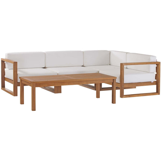 Upland Outdoor Patio Teak Wood 5-Piece Sectional Sofa Set Natural White EEI-4619-NAT-WHI-SET