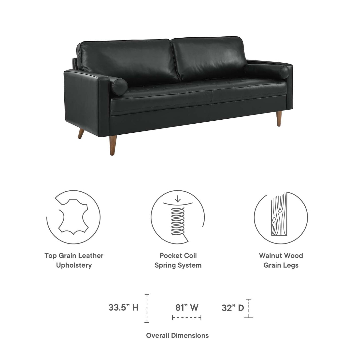 Valour 81" Leather Sofa Black EEI-4634-BLK