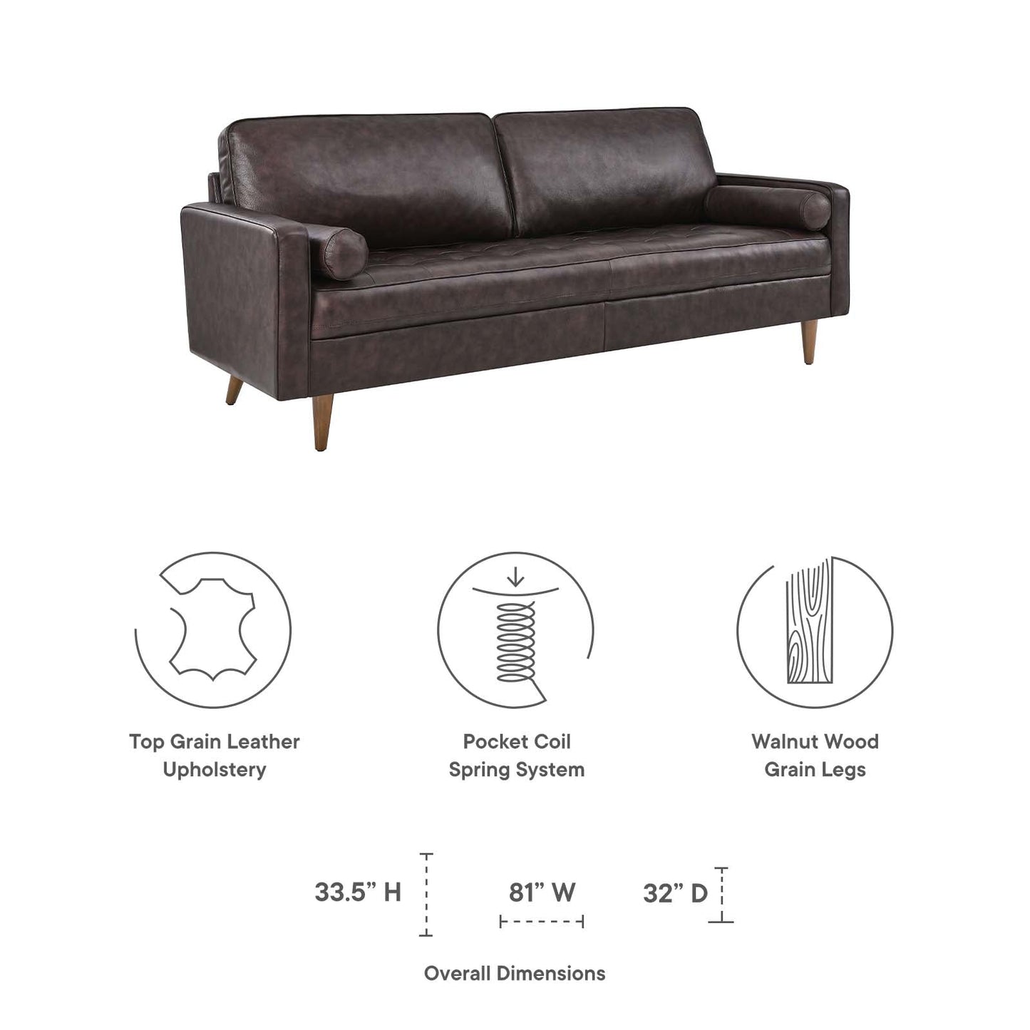 Valour 81" Leather Sofa Brown EEI-4634-BRN