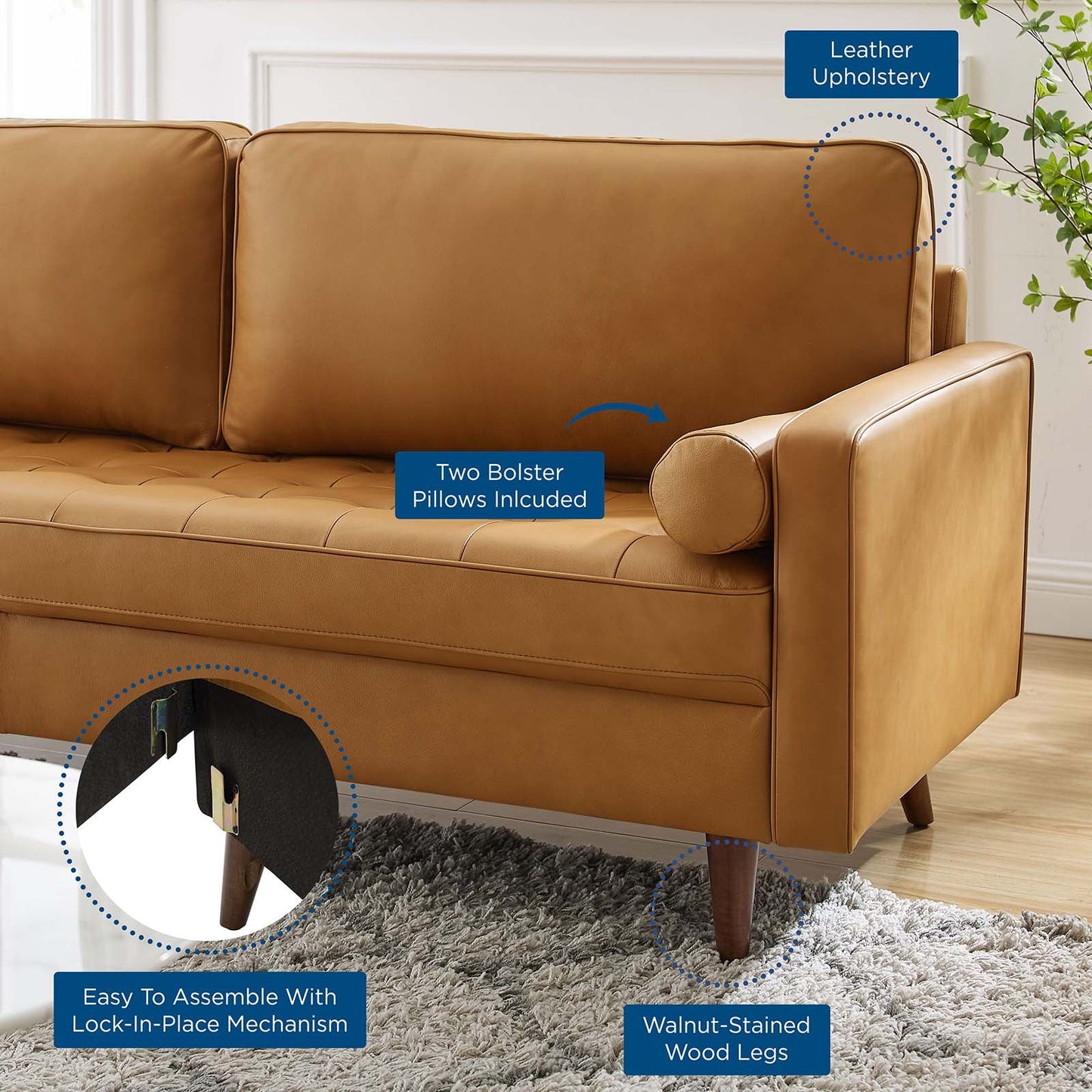 Valour 81" Leather Sofa Tan EEI-4634-TAN