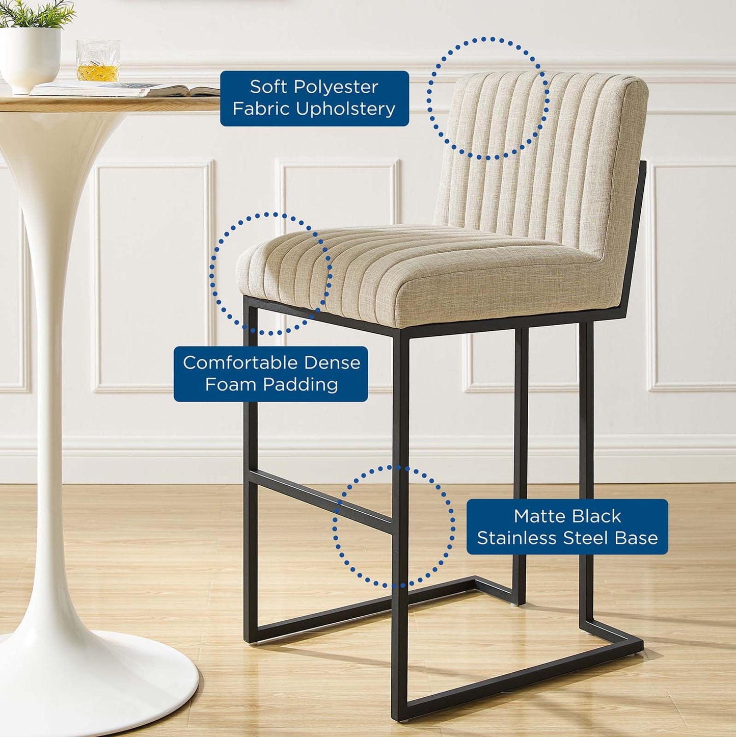 Indulge Channel Tufted Fabric Bar Stool Beige EEI-4654-BEI