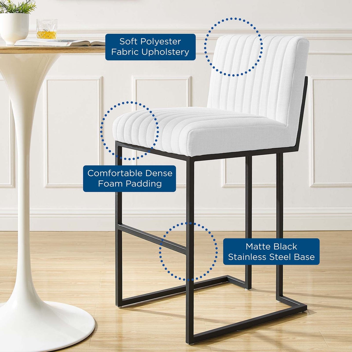 Indulge Channel Tufted Fabric Bar Stool White EEI-4654-WHI