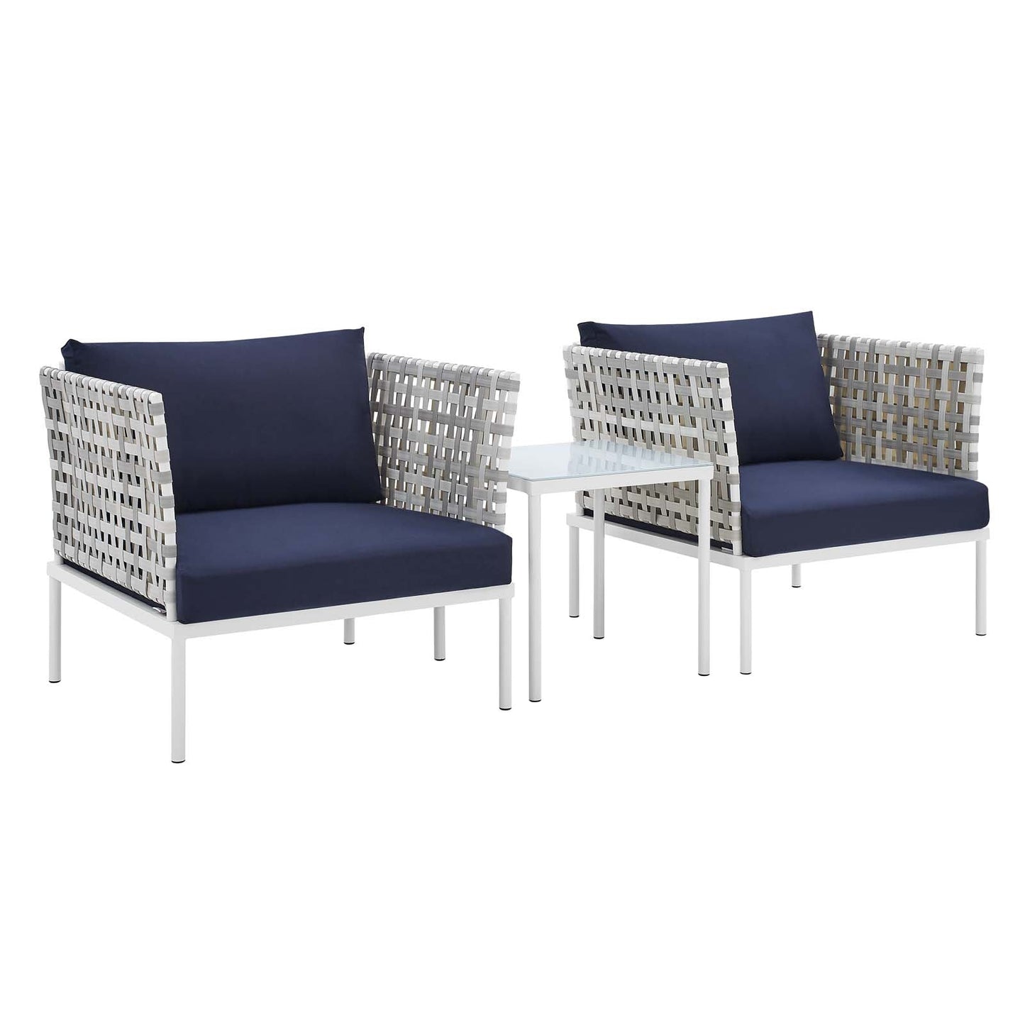 Harmony 3-Piece  Sunbrella® Basket Weave Outdoor Patio Aluminum Seating Set Taupe Navy EEI-4684-TAU-NAV-SET