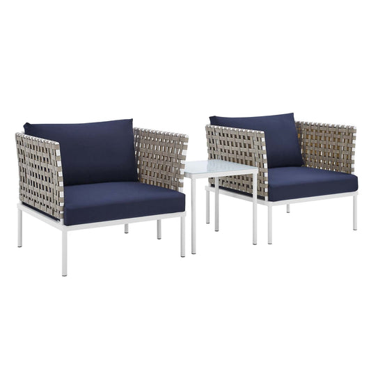 Harmony 3-Piece  Sunbrella® Basket Weave Outdoor Patio Aluminum Seating Set Tan Navy EEI-4685-TAN-NAV-SET