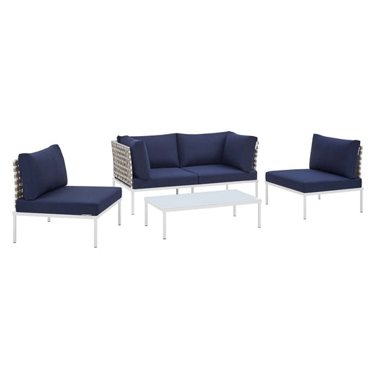 Harmony 4-Piece  Sunbrella® Basket Weave Outdoor Patio Aluminum Seating Set Tan Navy EEI-4689-TAN-NAV-SET