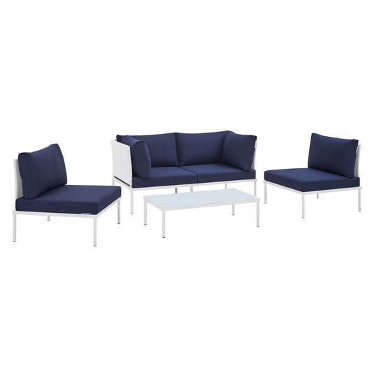 Harmony 4-Piece  Sunbrella® Outdoor Patio Aluminum Seating Set White Navy EEI-4690-WHI-NAV-SET