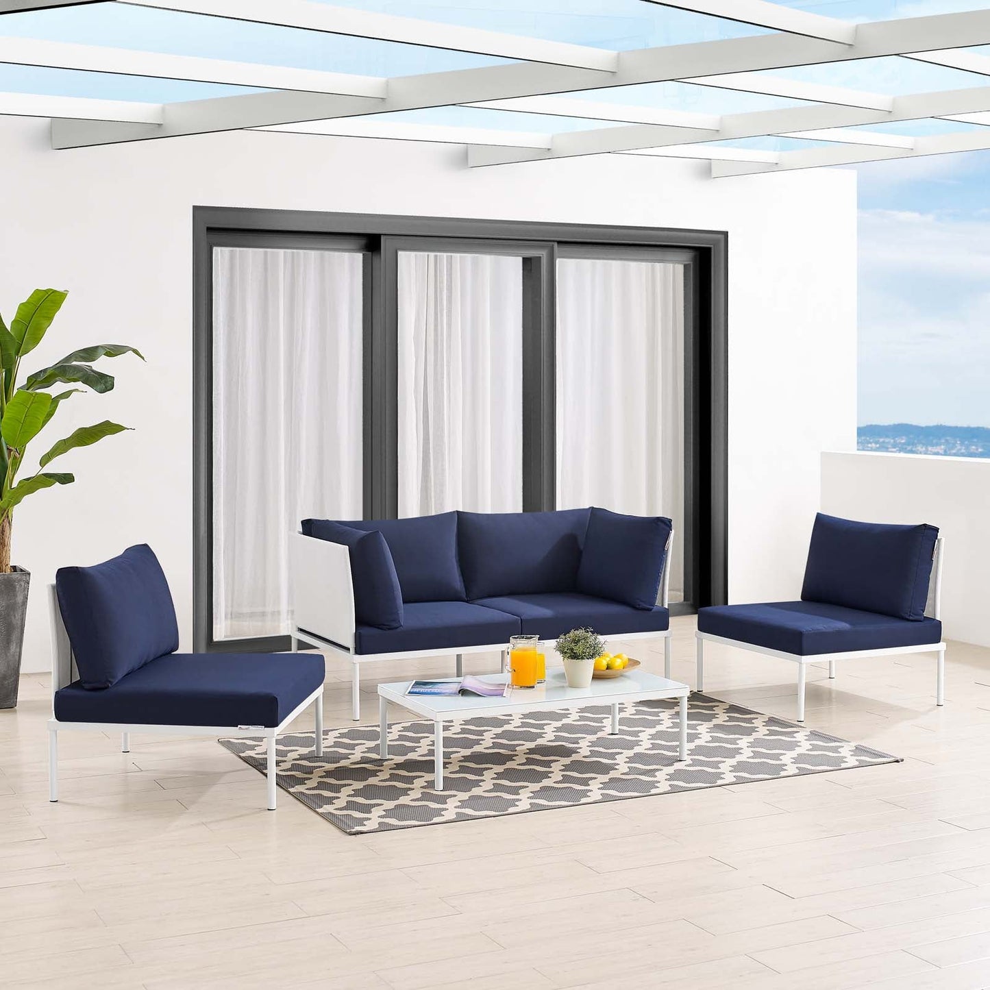 Harmony 4-Piece  Sunbrella® Outdoor Patio Aluminum Seating Set White Navy EEI-4690-WHI-NAV-SET