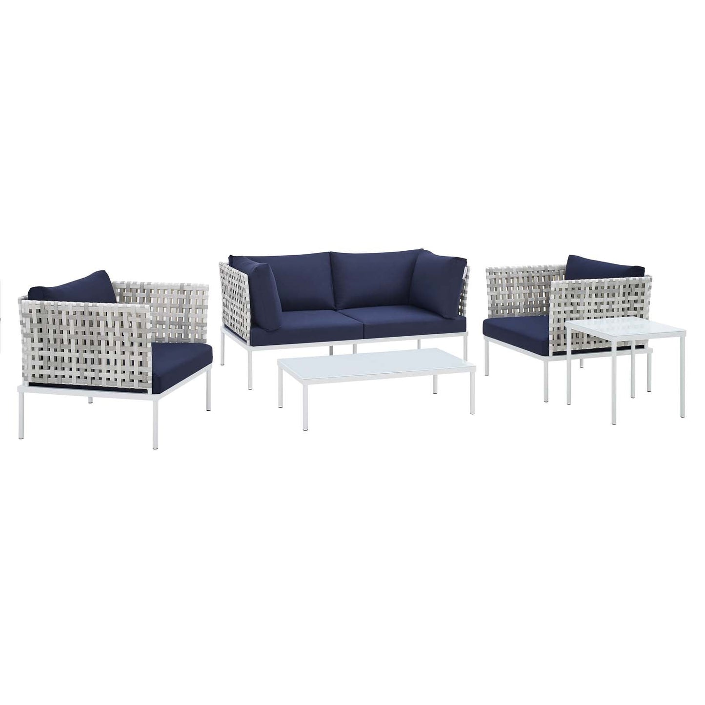 Harmony 5-Piece  Sunbrella® Basket Weave Outdoor Patio Aluminum Seating Set Taupe Navy EEI-4692-TAU-NAV-SET