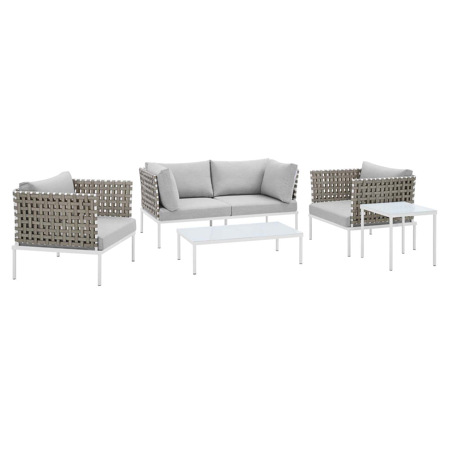 Harmony 5-Piece  Sunbrella® Basket Weave Outdoor Patio Aluminum Seating Set Tan Gray EEI-4693-TAN-GRY-SET