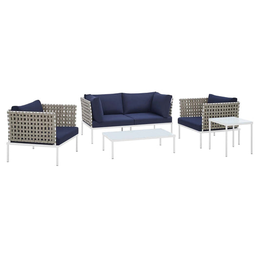 Harmony 5-Piece  Sunbrella® Basket Weave Outdoor Patio Aluminum Seating Set Tan Navy EEI-4693-TAN-NAV-SET