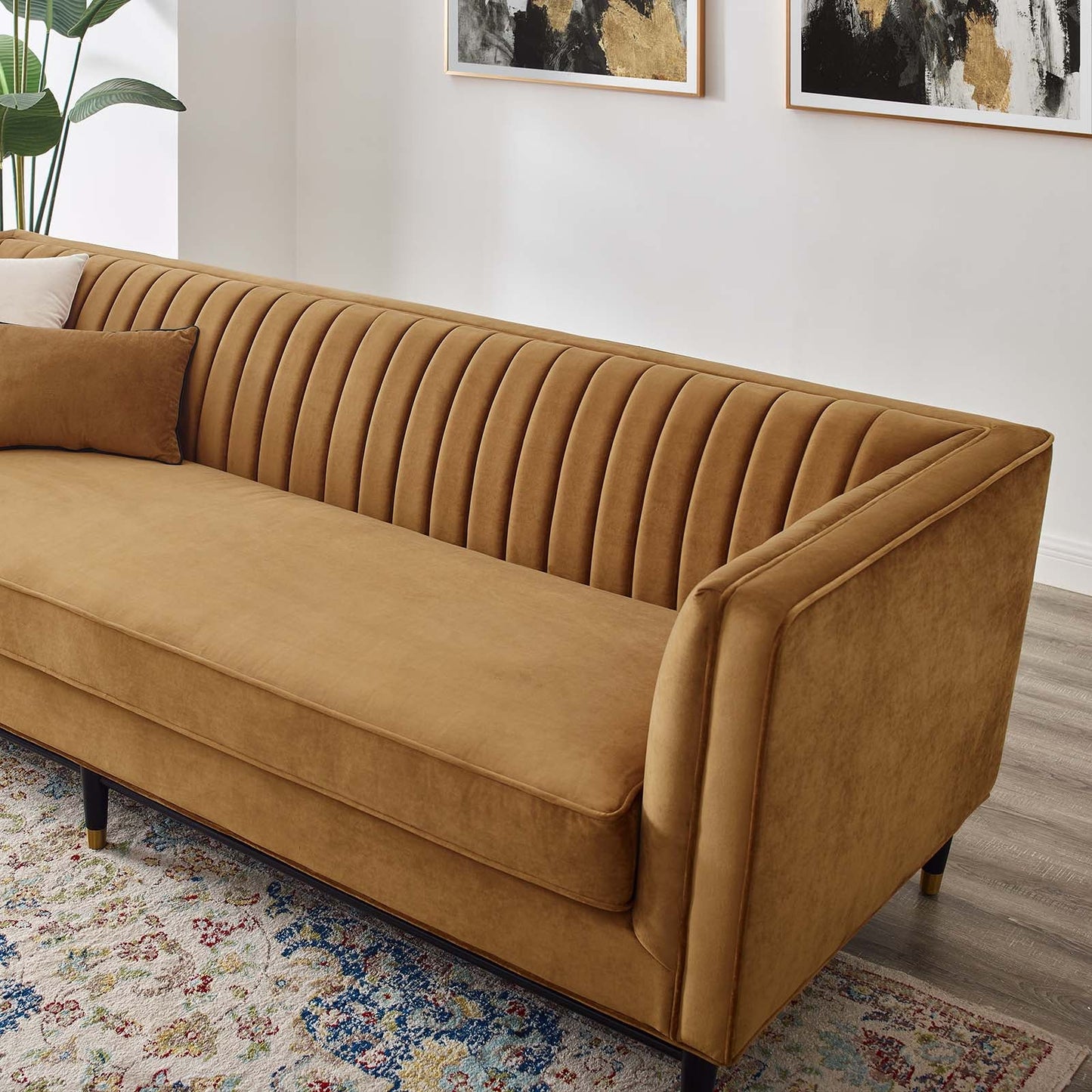 Devote Channel Tufted Performance Velvet Sofa Cognac EEI-4720-COG