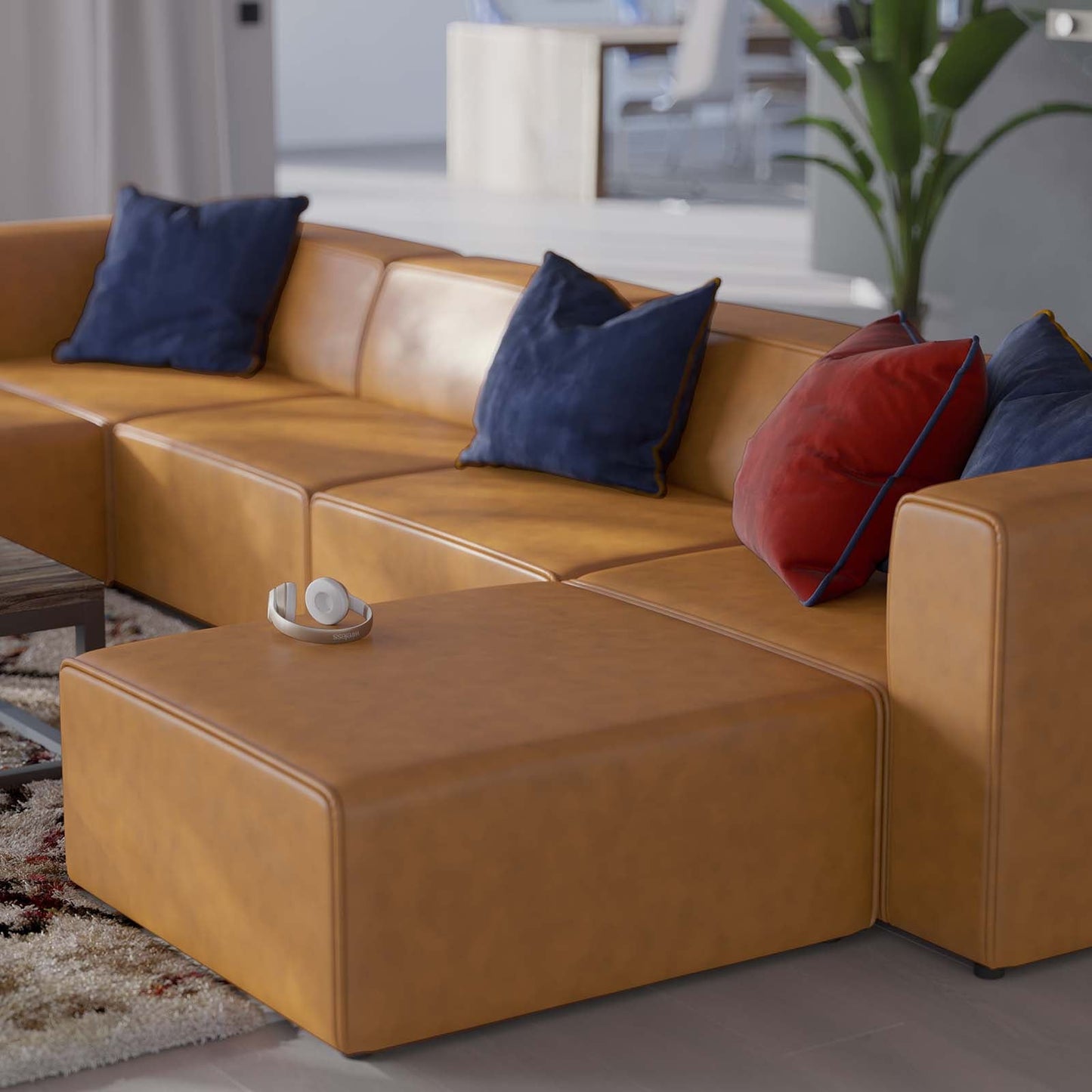 Mingle Vegan Leather 4-Piece Sofa and 2 Ottomans Set Tan EEI-4794-TAN