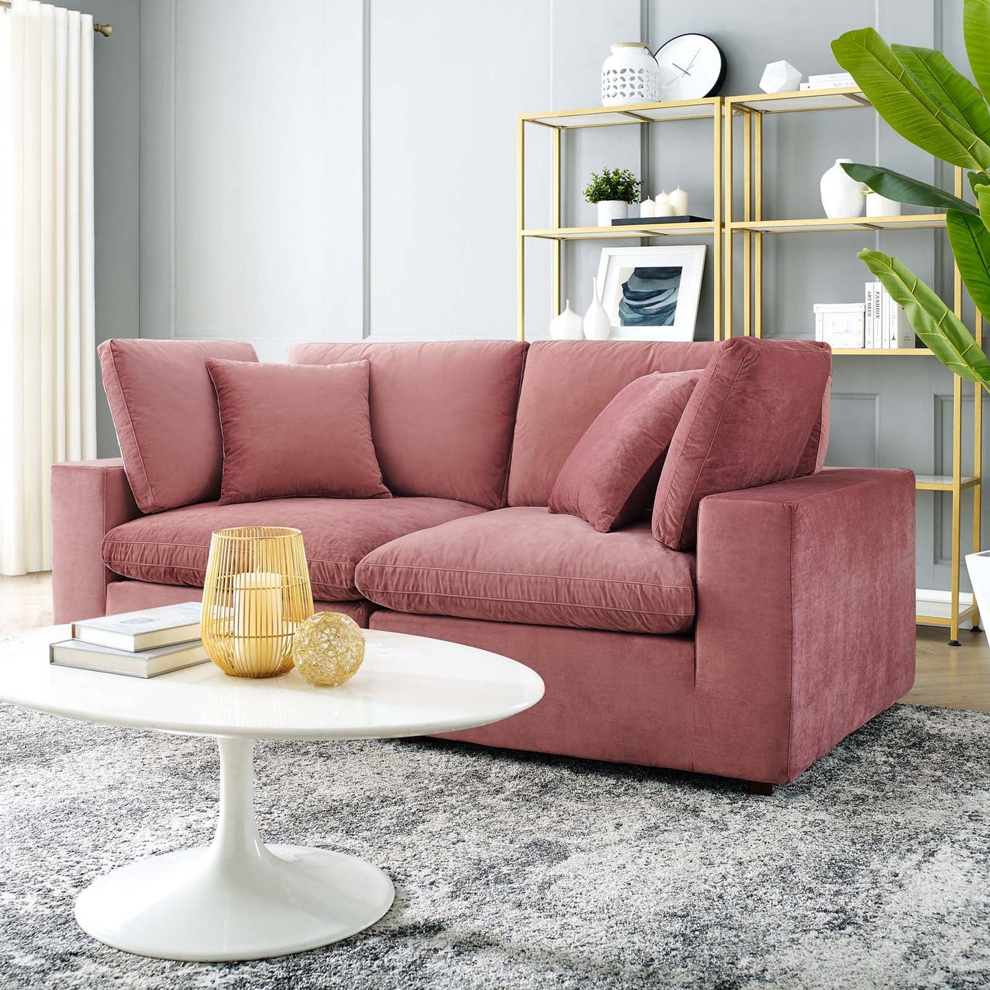 Commix Down Filled Overstuffed Performance Velvet Loveseat Dusty Rose EEI-4816-DUS