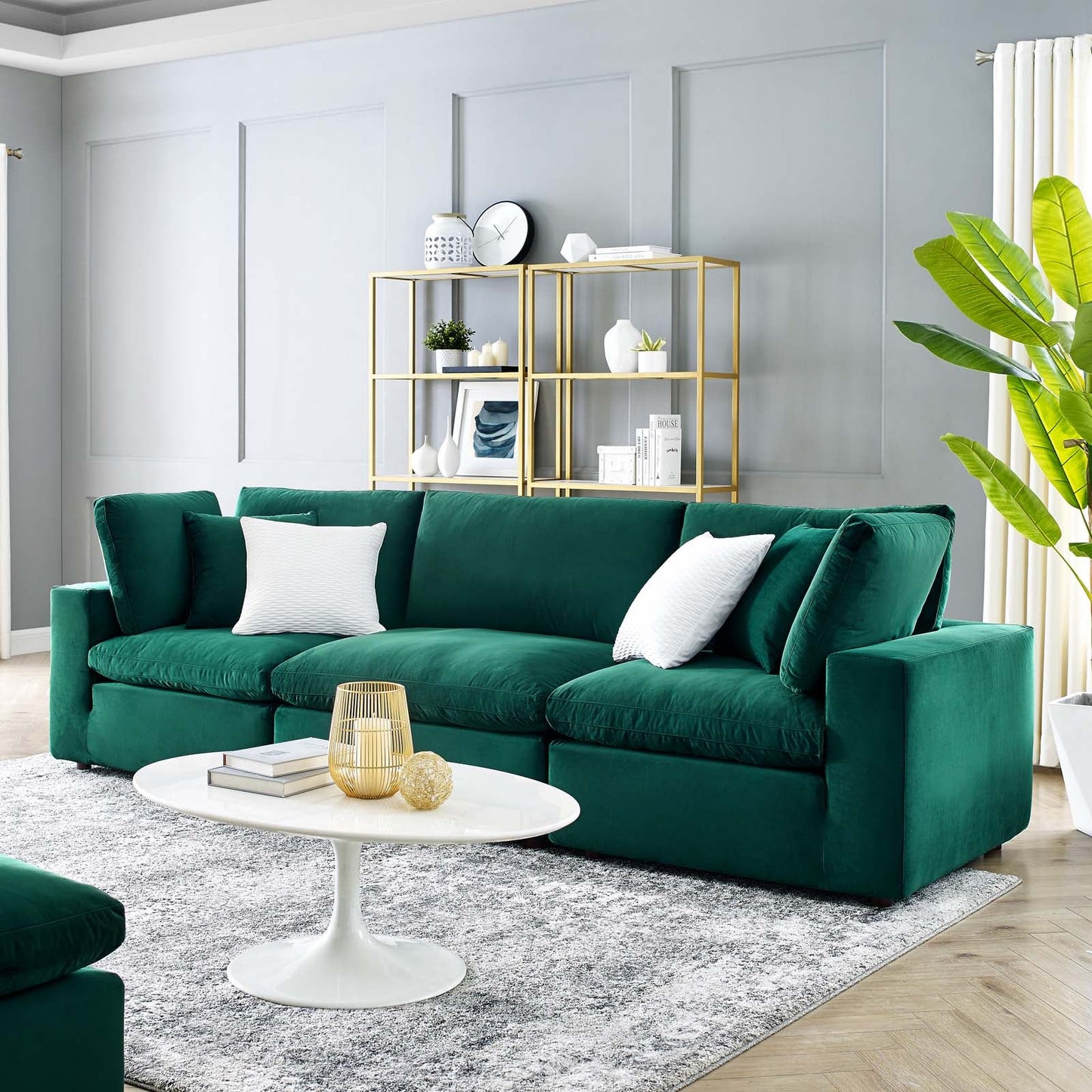 Commix Down Filled Overstuffed Performance Velvet 3-Seater Sofa Green EEI-4817-GRN