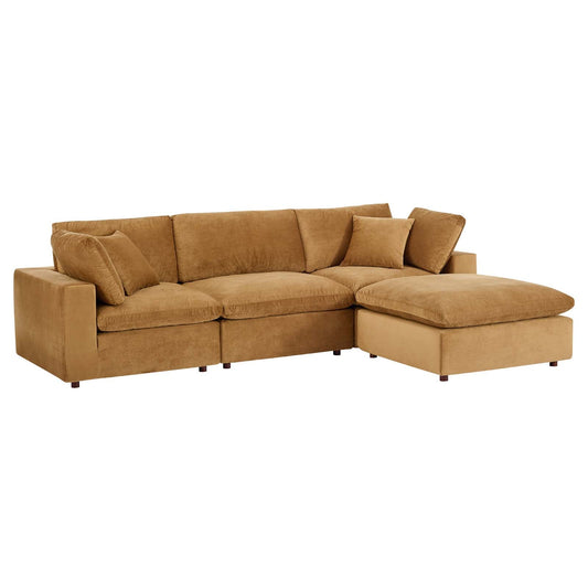 Commix Down Filled Overstuffed Performance Velvet 4-Piece Sectional Sofa Cognac EEI-4818-COG