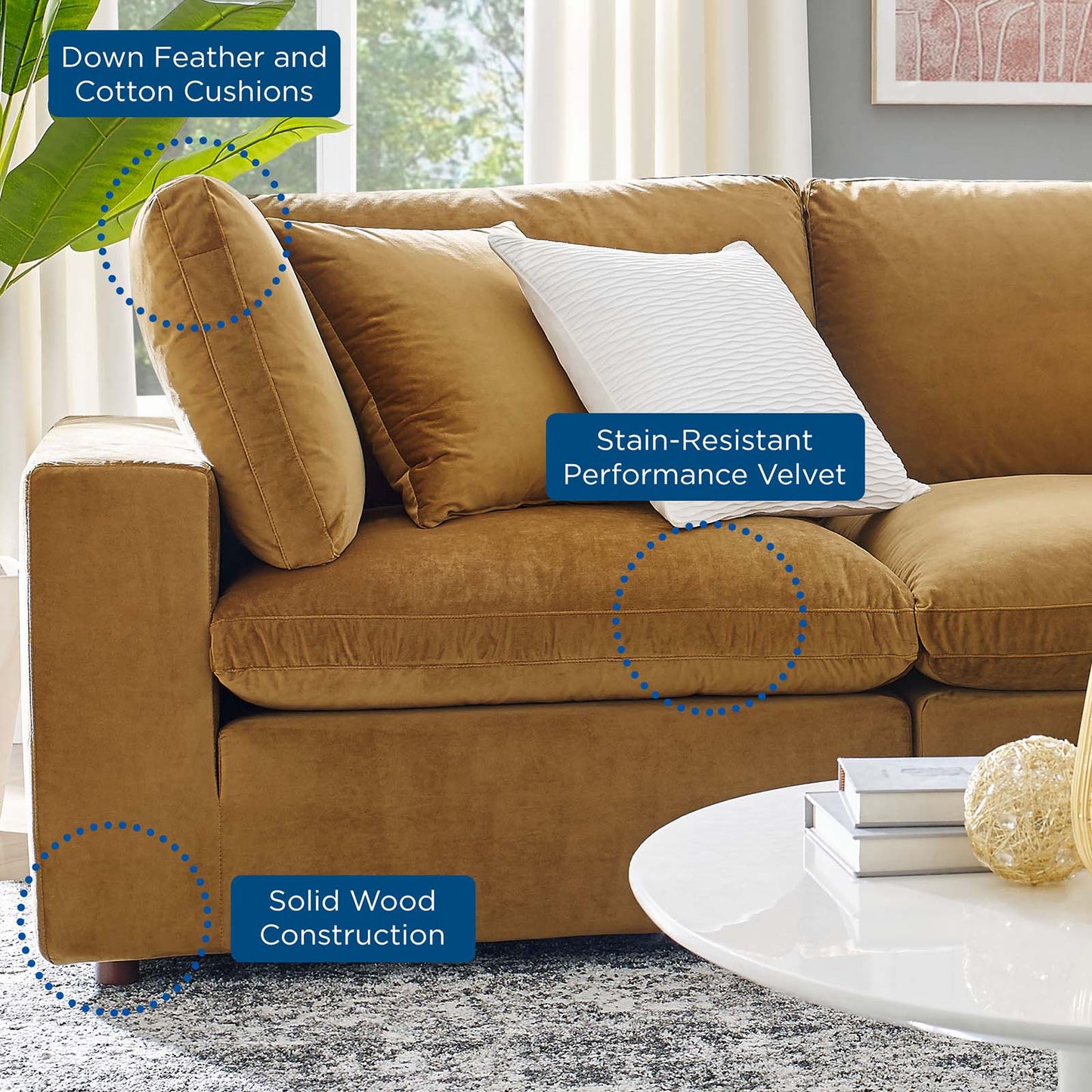 Commix Down Filled Overstuffed Performance Velvet 4-Piece Sectional Sofa Cognac EEI-4818-COG