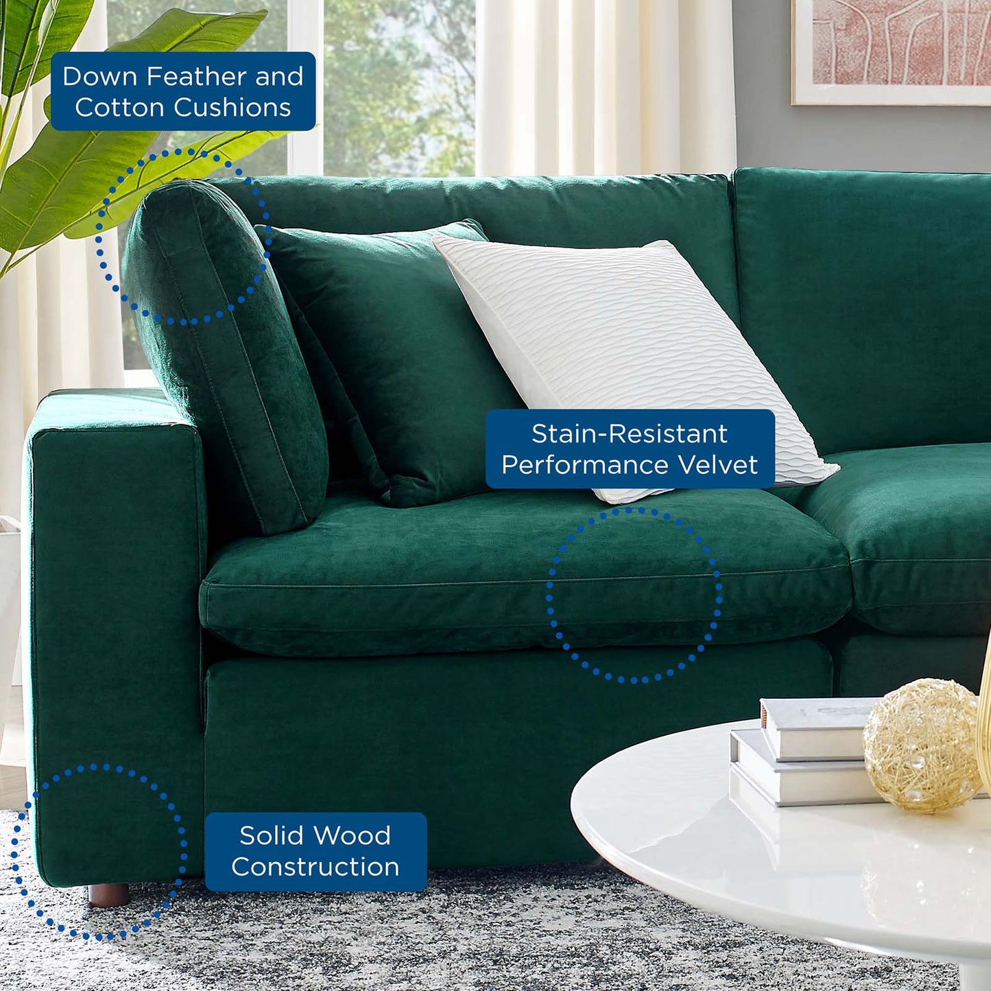 Commix Down Filled Overstuffed Performance Velvet 4-Piece Sectional Sofa Green EEI-4818-GRN