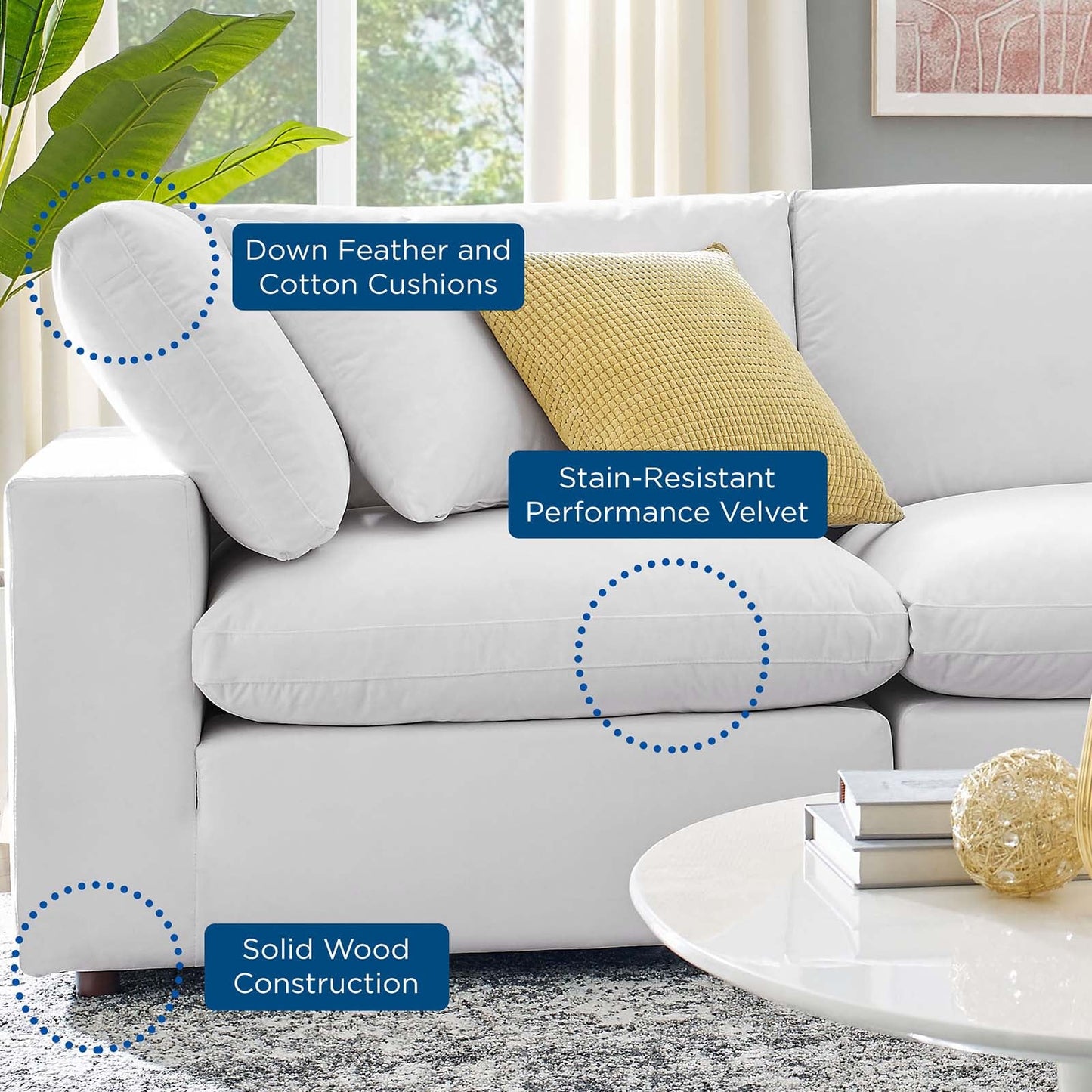 Commix Down Filled Overstuffed Performance Velvet 4-Piece Sectional Sofa White EEI-4818-WHI